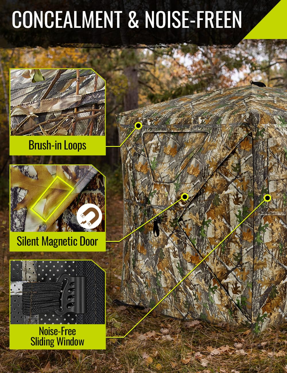 Tidewe Hunting Blind 270Full See Through With Windproof Curtain, Silent Magnetic Door & Sliding Windows, 2-3 Person Pop Up Groun