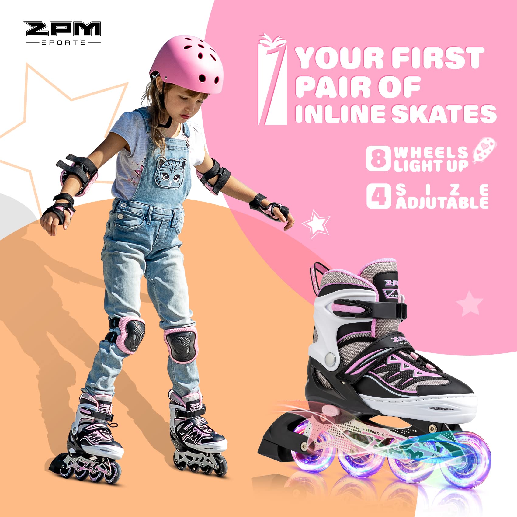 2Pm Sports Cytia Pink Girls Adjustable Illuminating Inline Skates With Light Up Wheels, Fun Flashing Beginner Roller Skates For