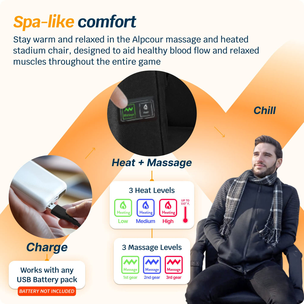Alpcour Heating Massage Stadium Seat - Deluxe Reclining Bleacher Chair With Back & Arm Support - Built-In Heater And Massager -