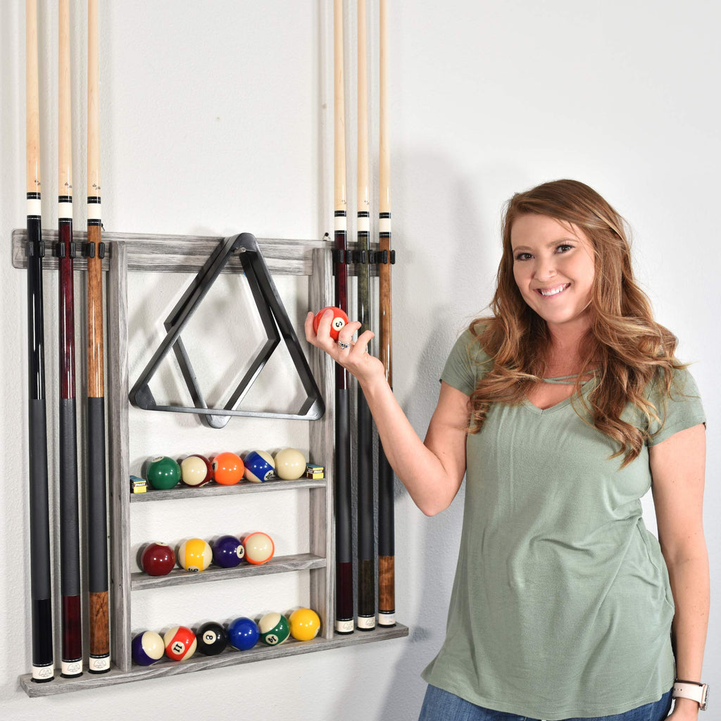Billiards Xpress Pool Cue Rack - Pool Stick Holder Wall Mount With 16 Ball Holders & 6 Pack Of Chalk - Rubber Circle Pads & Larg