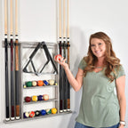 Billiards Xpress Pool Cue Rack - Pool Stick Holder Wall Mount With 16 Ball Holders & 6 Pack Of Chalk - Rubber Circle Pads & Larg