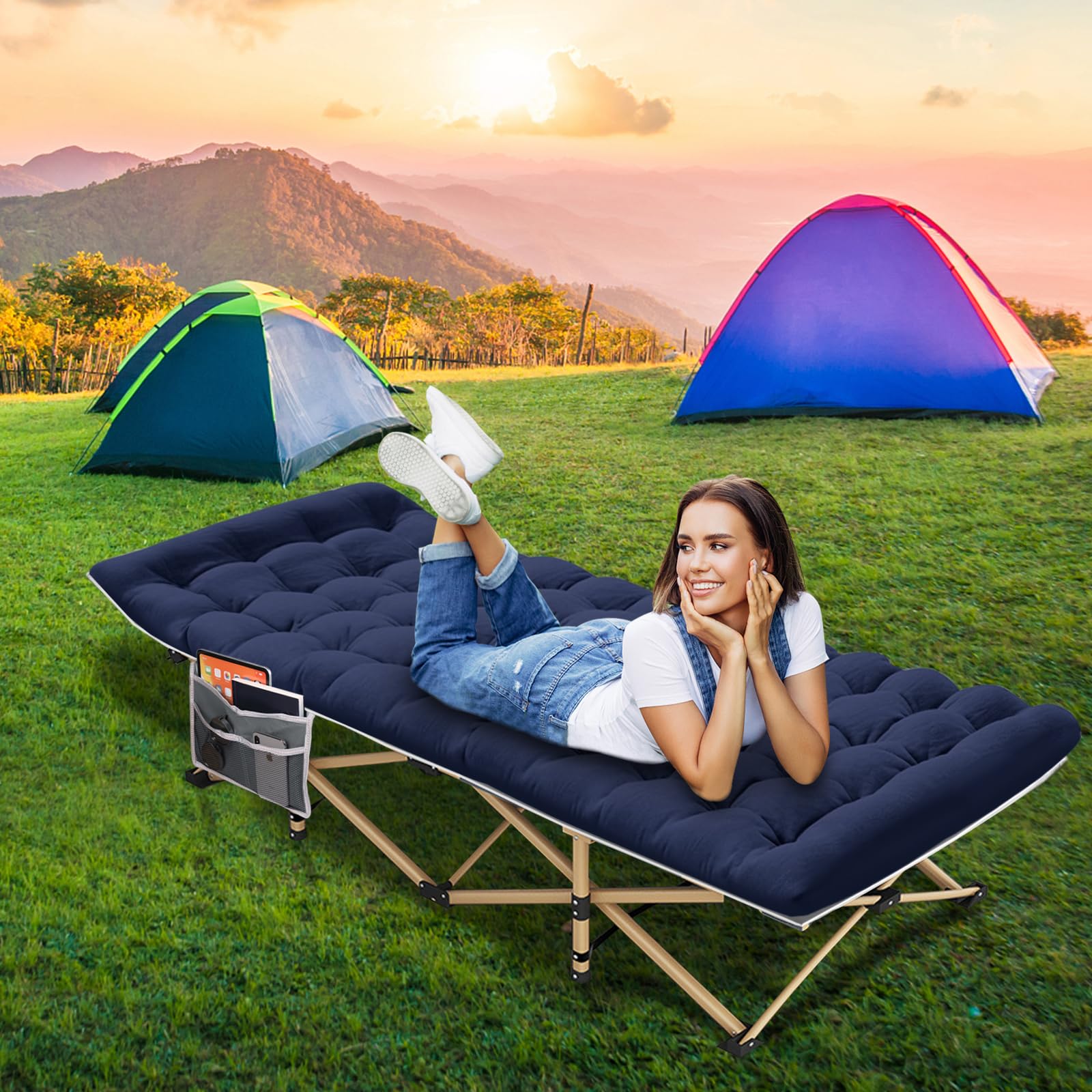 Araer Camping Cot, Portable Folding Outdoor Bed With Mattress Carry Bag, Heavy Duty Sleeping Cots For Adults Kids Travel Camp Be
