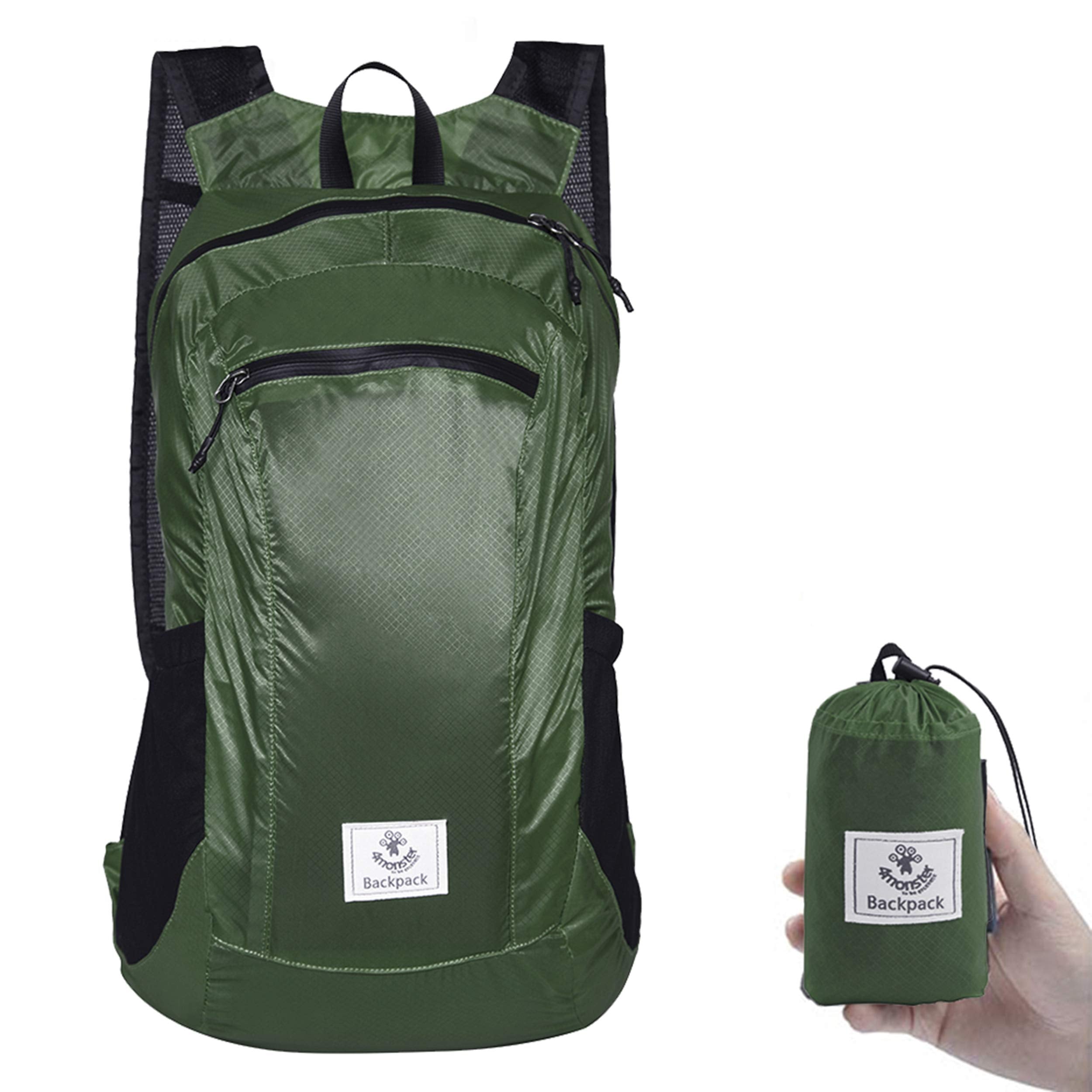 4Monster Hiking Daypack,Water Resistant Lightweight Packable Backpack for Travel Camping Outdoor (Army Green-2, 16L)
