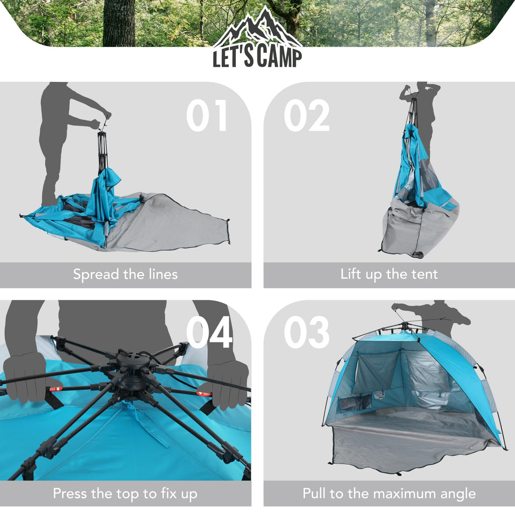 Lets Camp Pop Up Beach Tent For 2 Person,Easy Setup Sun Shelter,Uv Protection With Extended Zippered Porch,Sky Blue