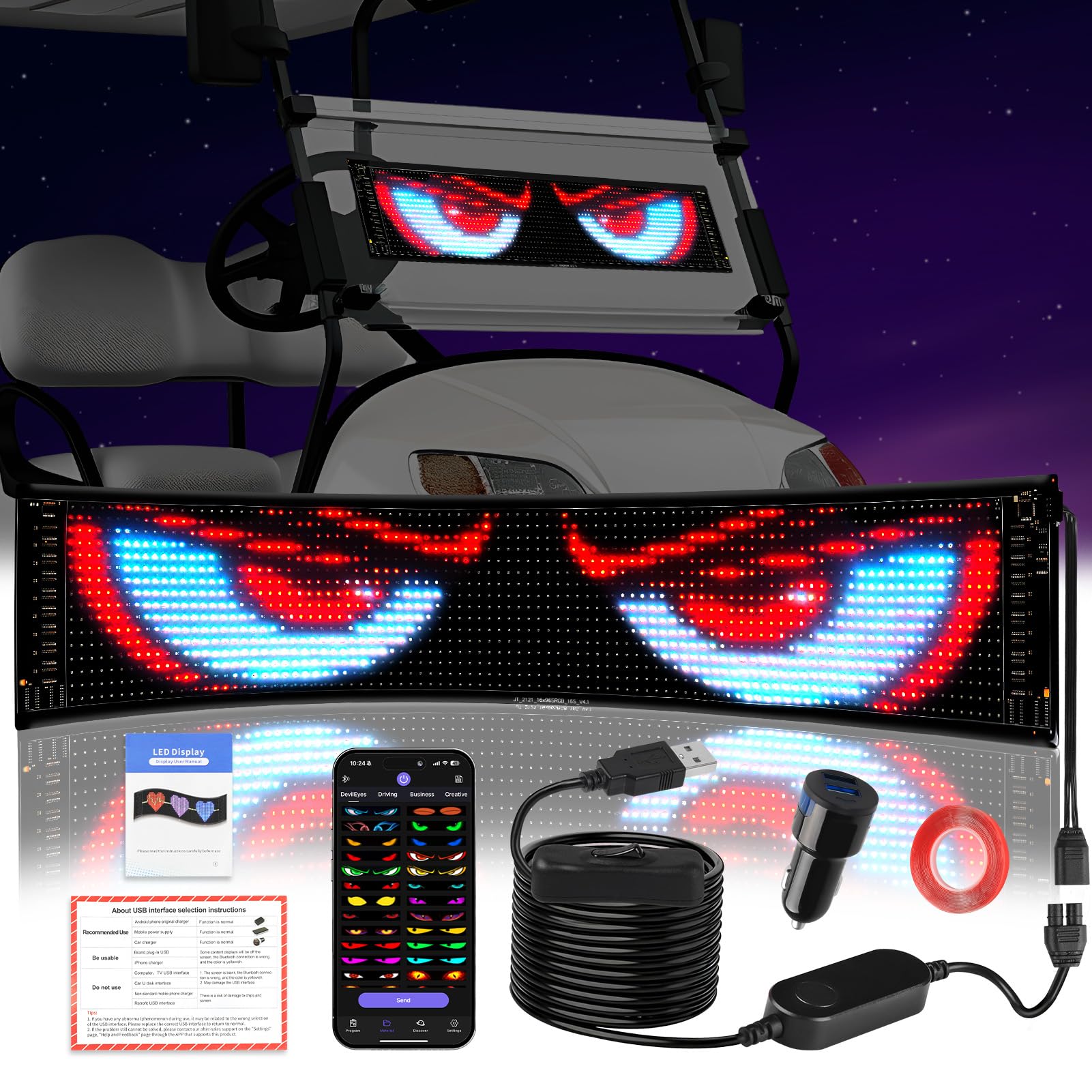 Golf Cart LED Eyes for Golf Cart Windshield, 23x5in Programmable Flexible Screen with App Control, High Bright DIY Dynamic Displ