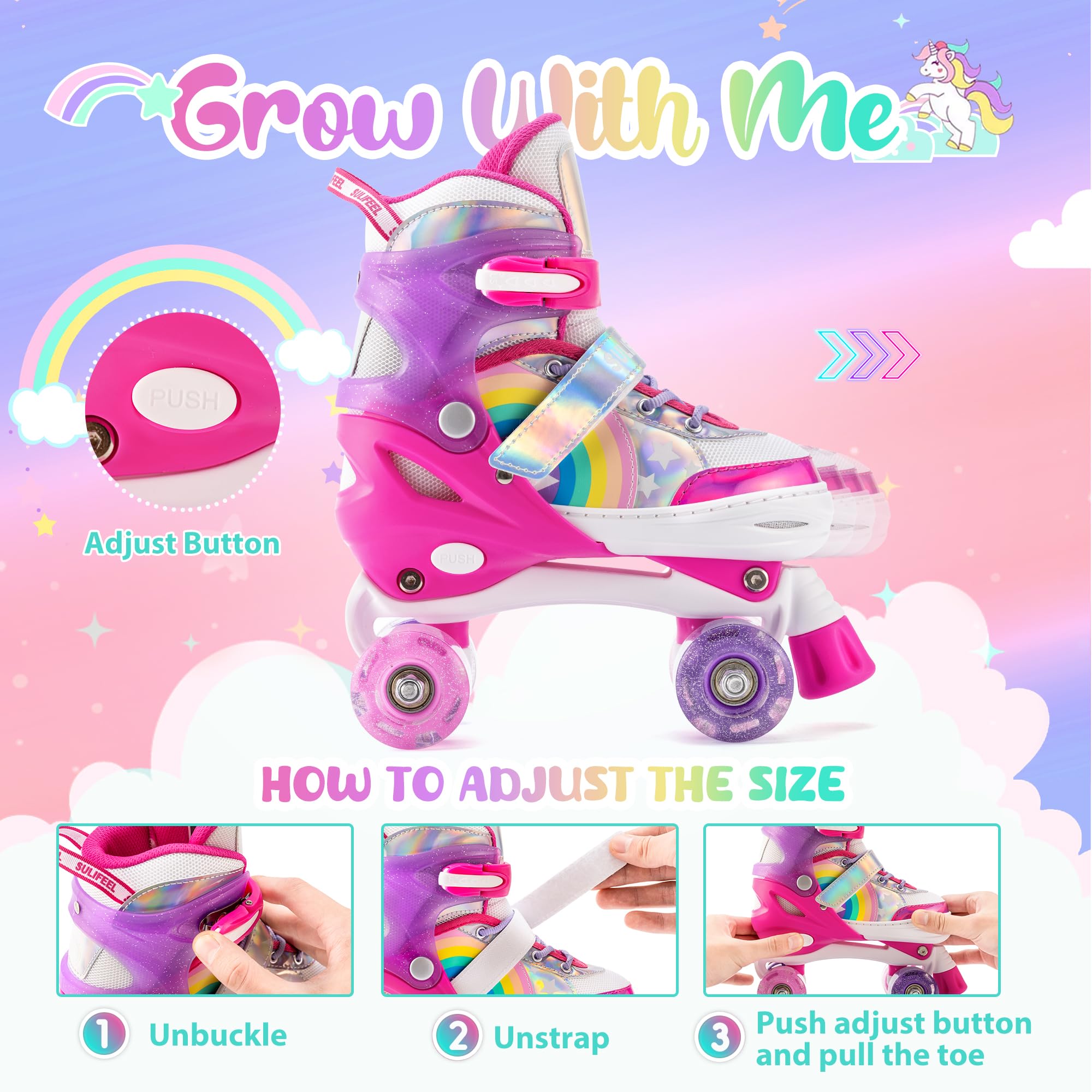 Sulifeel Rainbow Unicorn 4 Size Adjustable Light Up Roller Skates For Girls Boys For Kids Beginners Rollerskates Pink Small