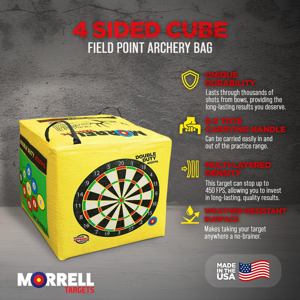 Morrell Double Duty 450 Fps Cube Field Point Archery Bag Target With Traditional Bullseyes, Nine-Ball, Dartboard Game, And Deer