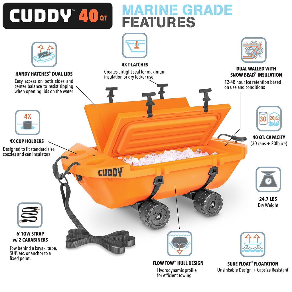 Cuddy Crawler Cooler with Wheels - 40 QT Amphibious Floating Cooler and Dry Storage Vessel - Orange