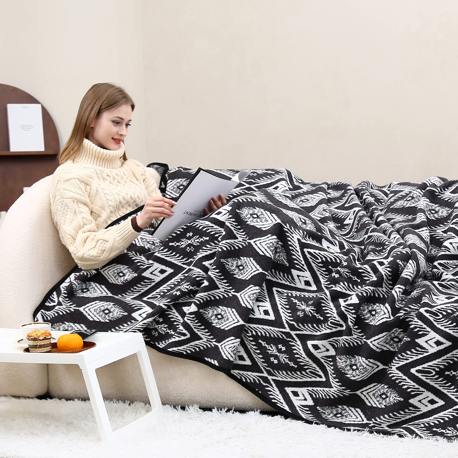 Putian Merino Wool Blanket Camping Outdoor Blanket - 63'' X 51'' Bohemia Grey Great For Camping, Outdoors, Sporting Events, Surv