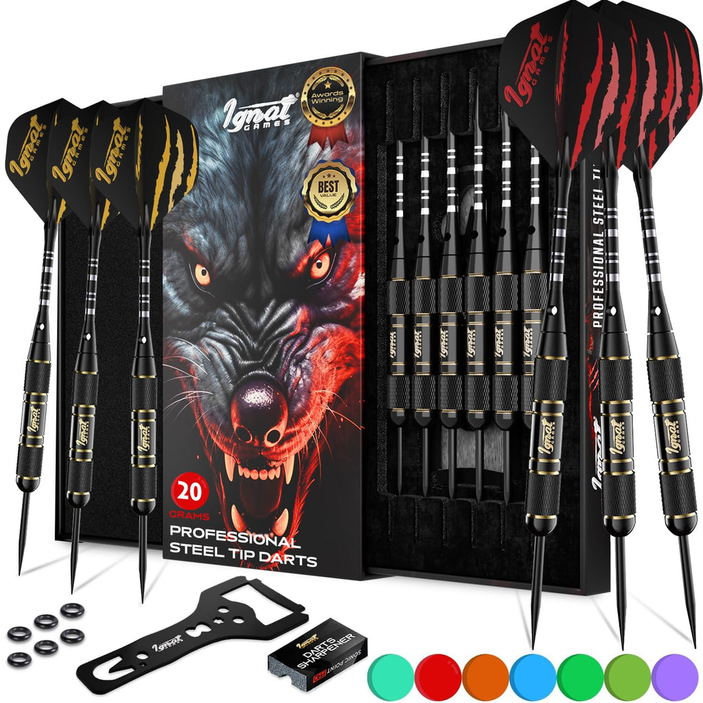 Ignatgames Darts Metal Tip Set - 6 Pcs Professional Brass Steel Tip Darts With Twinforce Shafts, 16 Pcs Thick Flights + Custom D