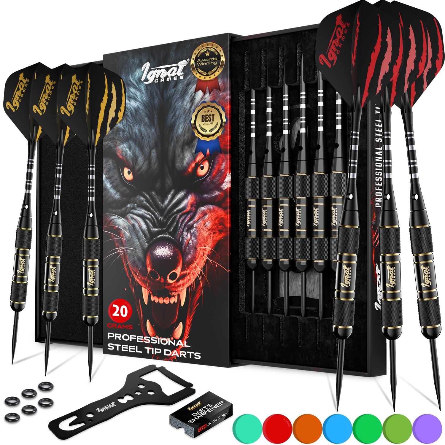 Ignatgames Darts Metal Tip Set - 6 Pcs Professional Brass Steel Tip Darts With Twinforce Shafts, 16 Pcs Thick Flights + Custom D