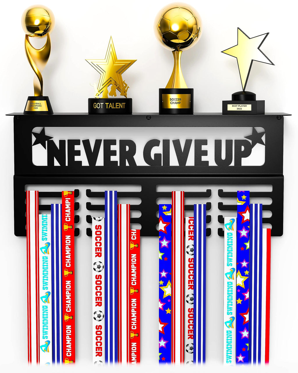 Agathos Home Medal Hanger Display With Trophy Shelf - Metal Awards Rack For Walls Holds 64+ Sports Medals- Never Give Up 16'' Me