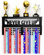 Agathos Home Medal Hanger Display With Trophy Shelf - Metal Awards Rack For Walls Holds 64+ Sports Medals- Never Give Up 16'' Me