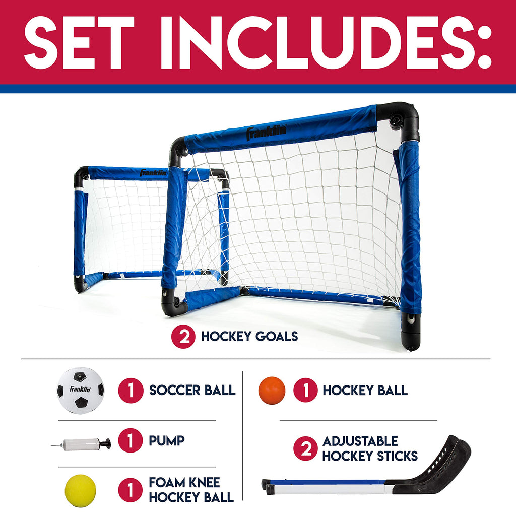 Franklin Sports Indoor Mini Goal Sports Set - 3 In 1 Kids Indoor Goal Set - Indoor Mini Floor Hockey, Knee Hockey, And Mini Socc