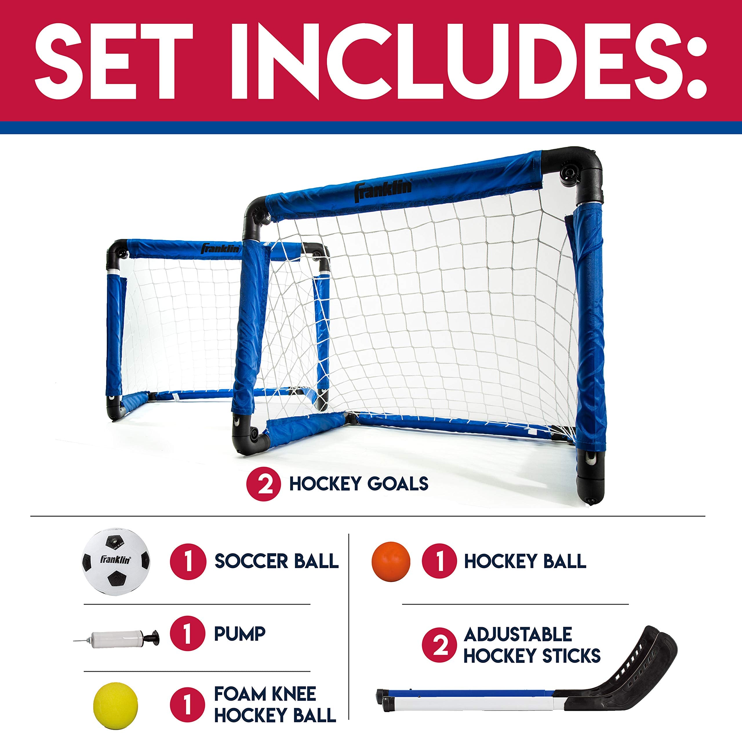 Franklin Sports Indoor Mini Goal Sports Set - 3 In 1 Kids Indoor Goal Set - Indoor Mini Floor Hockey, Knee Hockey, And Mini Socc
