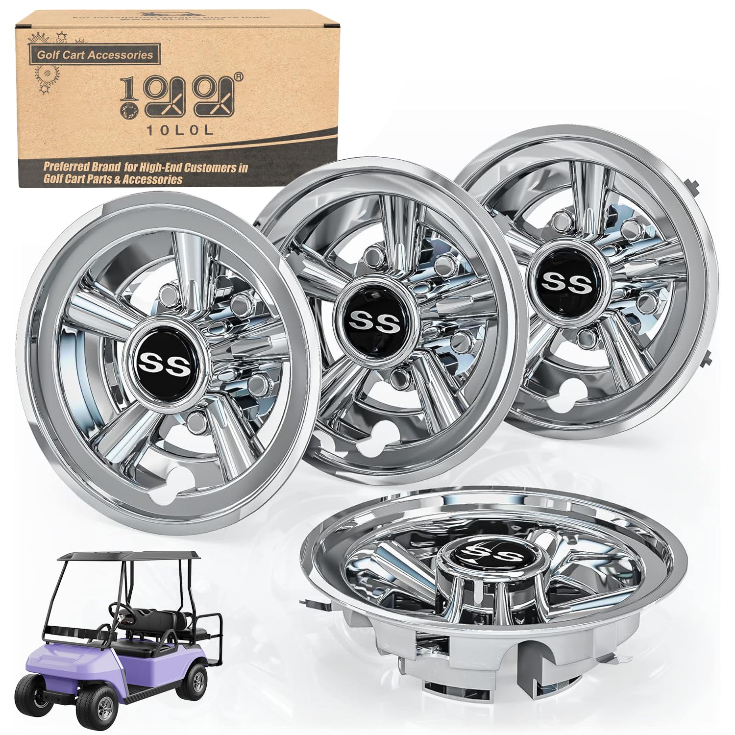 10L0L Golf Cart Ss Wheel Covers Hub Caps For Ezgo, Club Car, Yamaha - 8 Inch Snap-On Installation, Chrome, Set Of 4