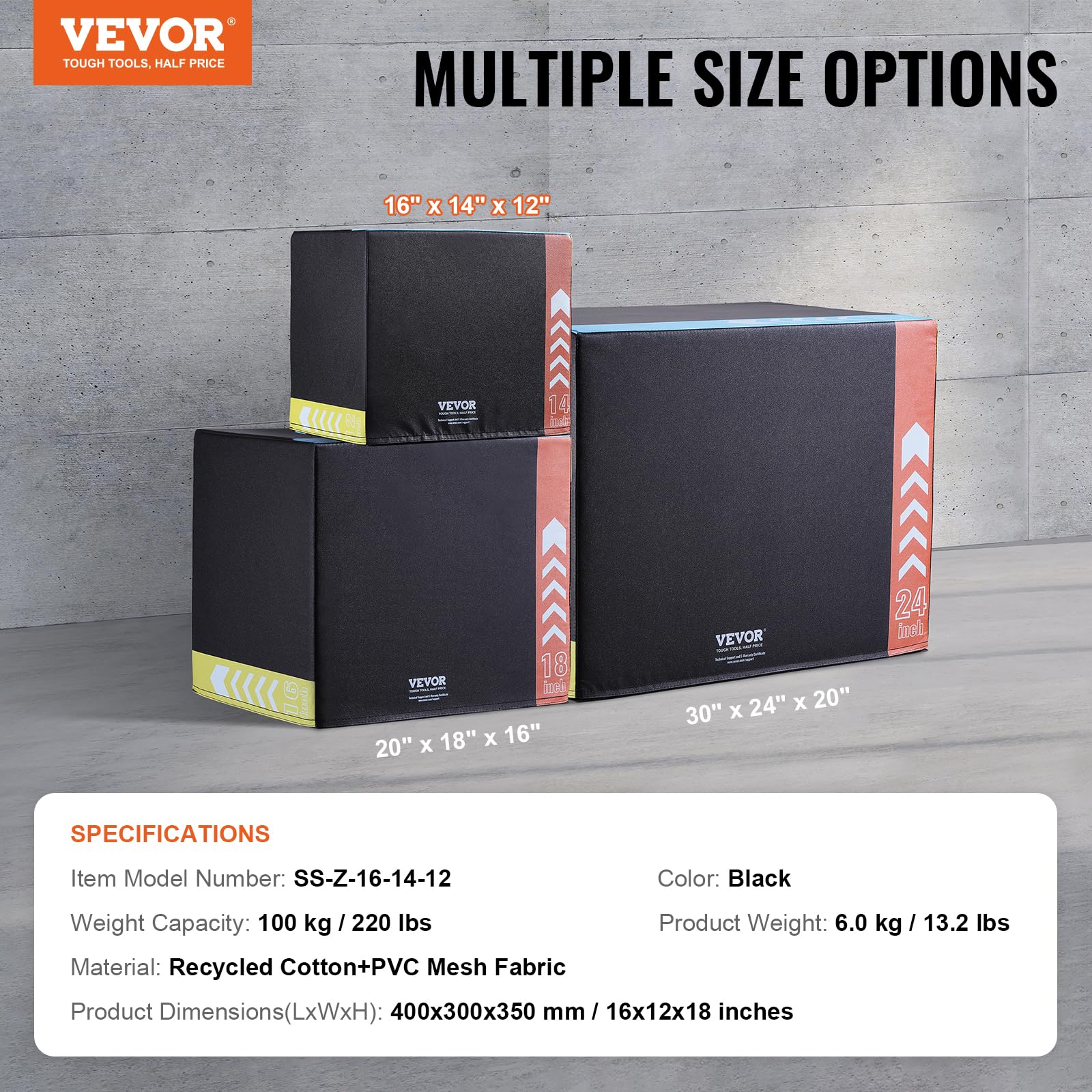 Vevor 3 In 1 Plyometric Jump Box, 16/14/12 Inch Cotton Plyo Box, Platform & Jumping Agility Box, Anti-Slip Fitness Exercise Step