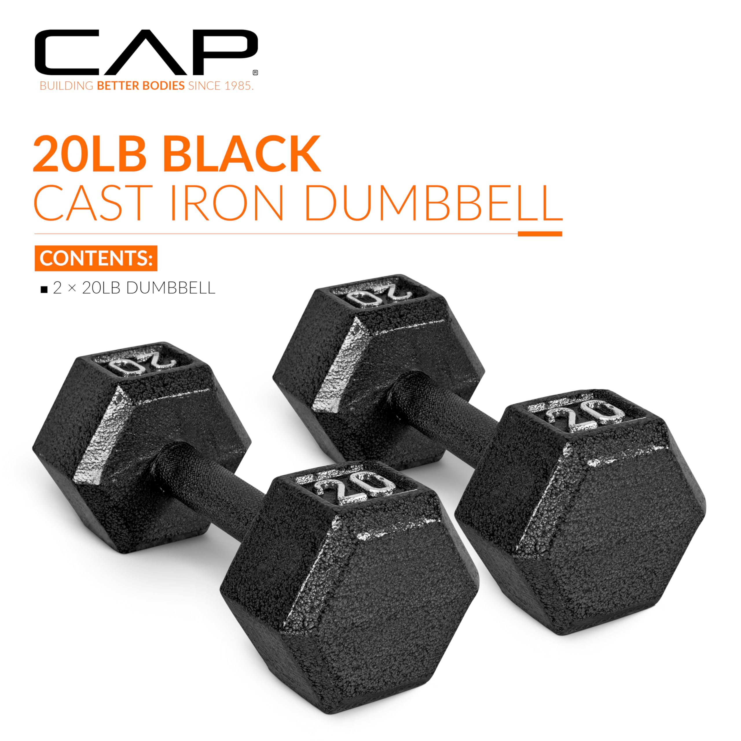 Cap Barbell Cast Iron Hex Dumbbell Weights (Pair), Black, 20 Lb