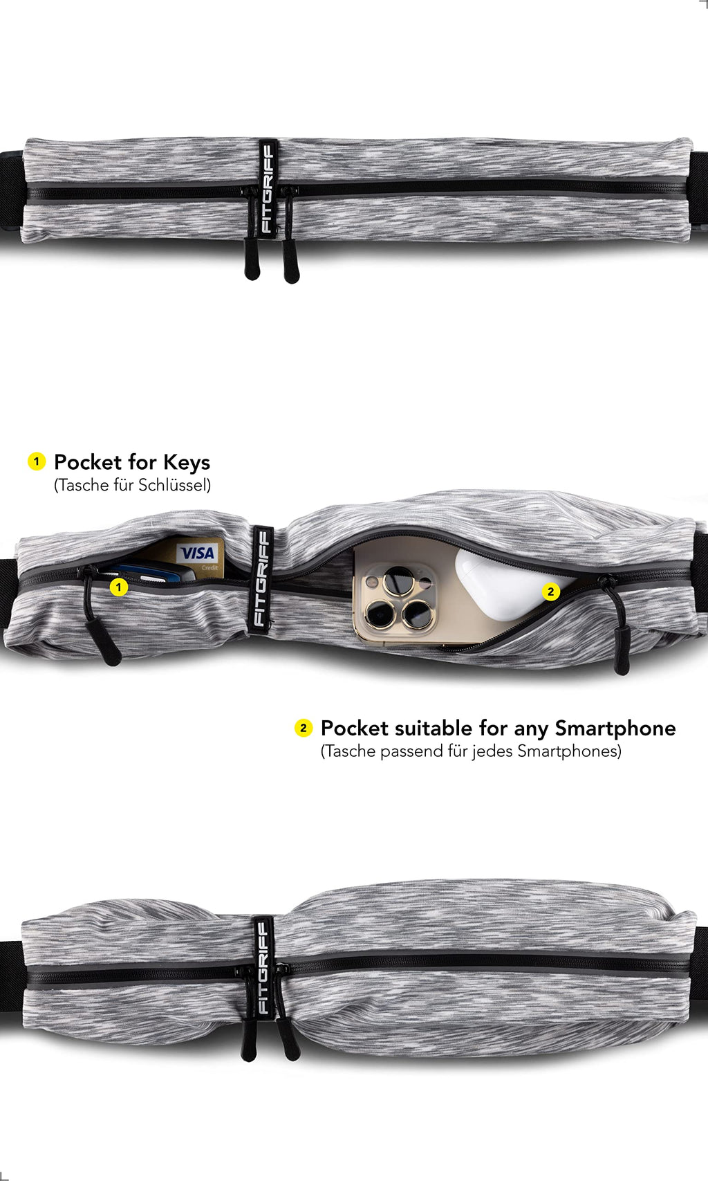 Fitgriff Running Belt For Men & Women - Secure Jogging Pouch For Phone, Keys & Essentials - For All Cell Phones (Whtie, 33.5'' -