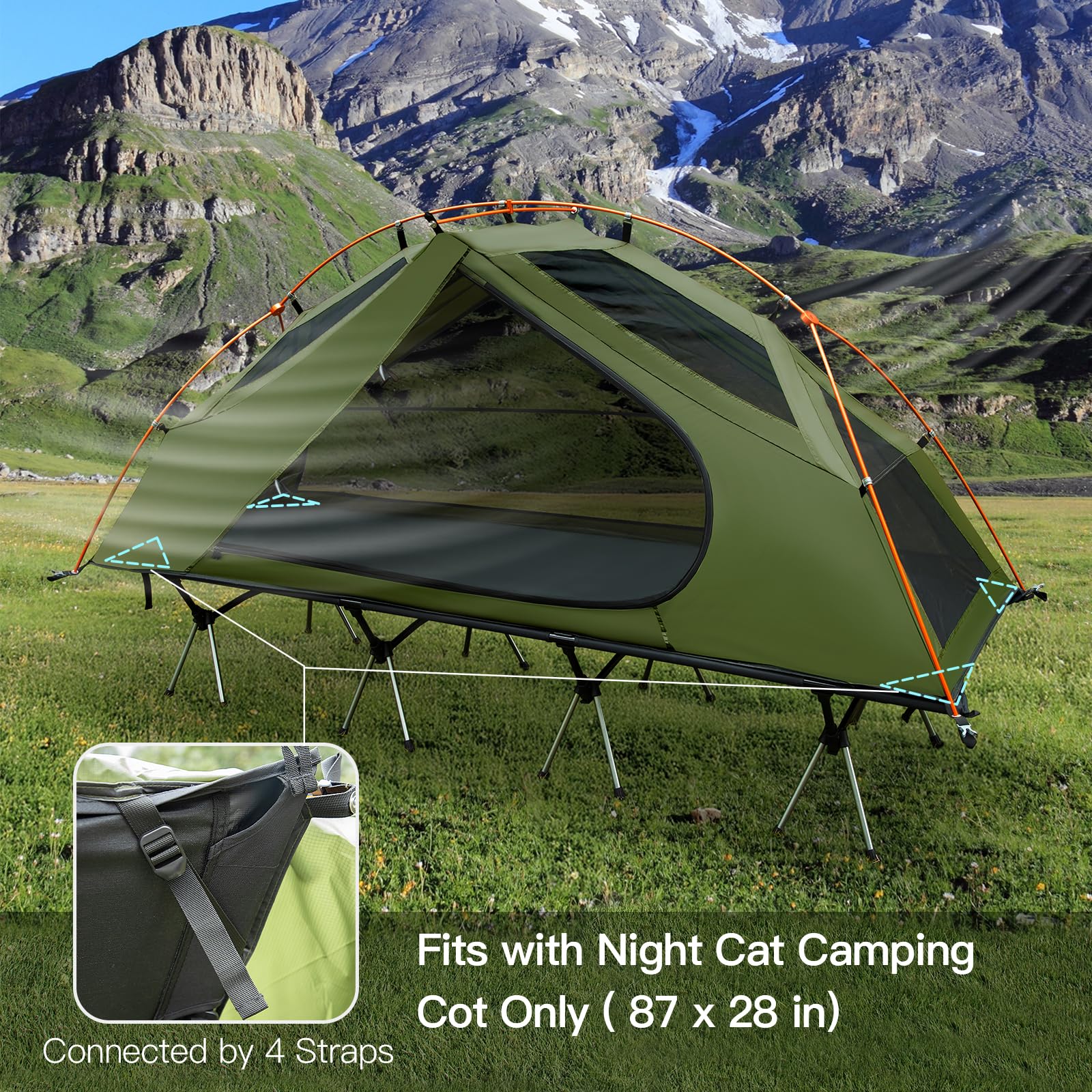 Night Cat Camping Cot Tent - Waterproof 1-Person Off-Ground Combo Cot Bed For Adults Portable Easy Set-Up Tent
