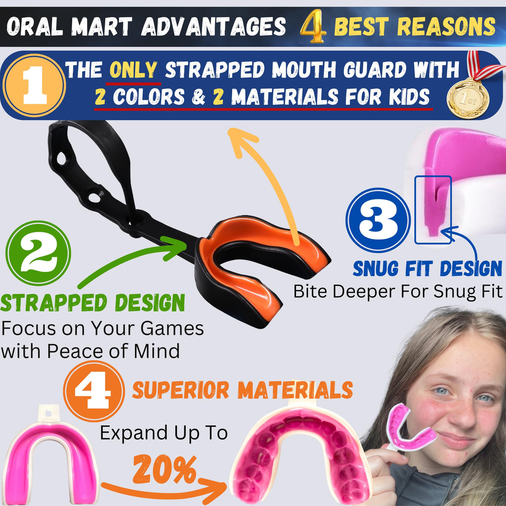 Oral Mart Strapped Youth Mouth Guard For Kids (Black/Orange) - Sports Mouthguard With Connected Strap For Football, Ice Hockey,