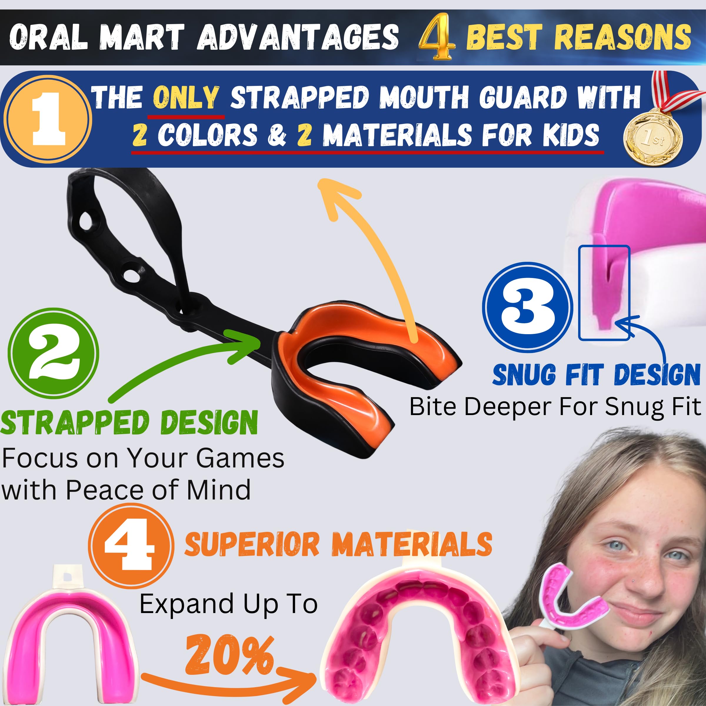 Oral Mart Strapped Youth Mouth Guard For Kids (Black/Orange) - Sports Mouthguard With Connected Strap For Football, Ice Hockey,