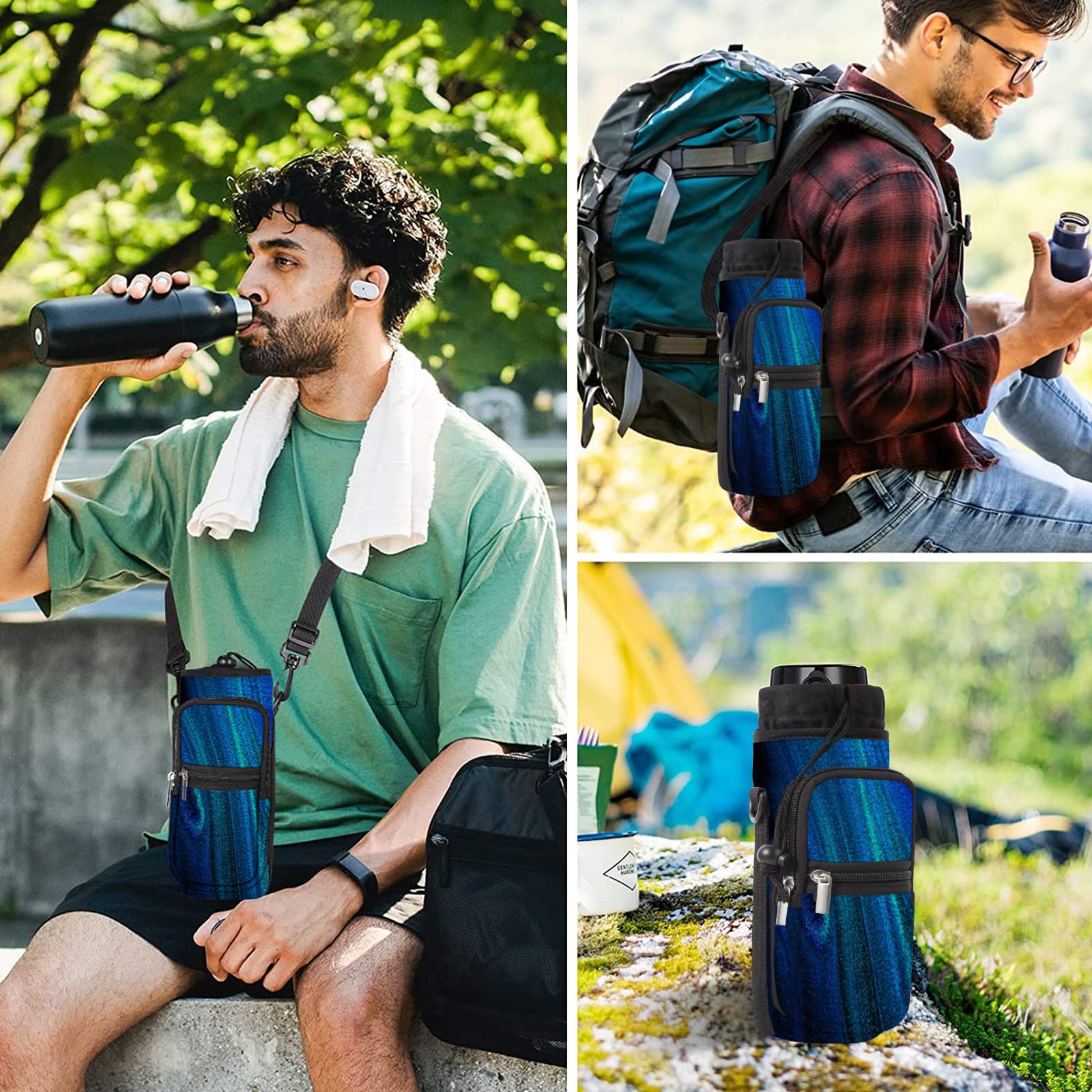 Aortdes 25/32/40/64Oz Water Bottle Bag Holder Carrier-Insulated Crossbody Sling Case Sleeve With Strap & Pockets For Men Women G