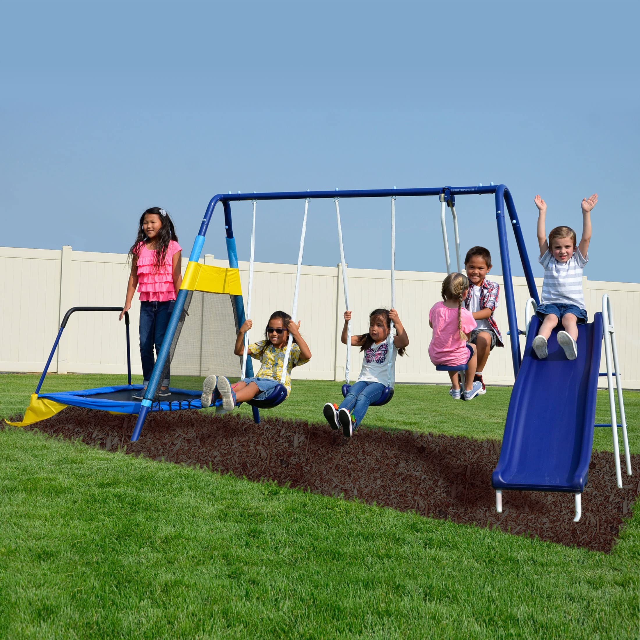 Sportspower Almansor Metal Swing, Slide and Trampoline Set with Slide