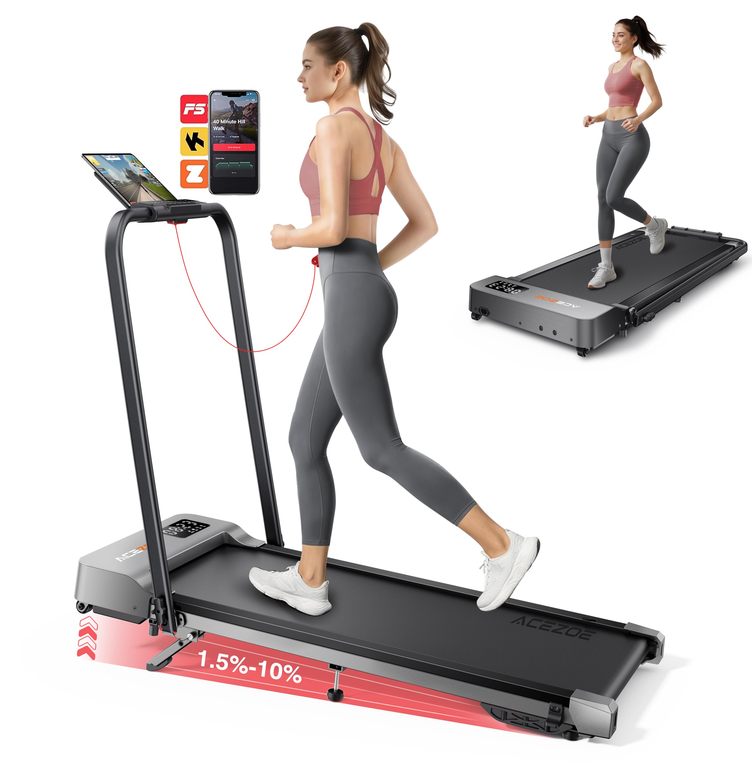 Acezoe 2-in-1 Foldable Treadmill with 3-Level 10% Incline, Walking Pad for Home Small Office, Compact Portable Under Desk Treadm
