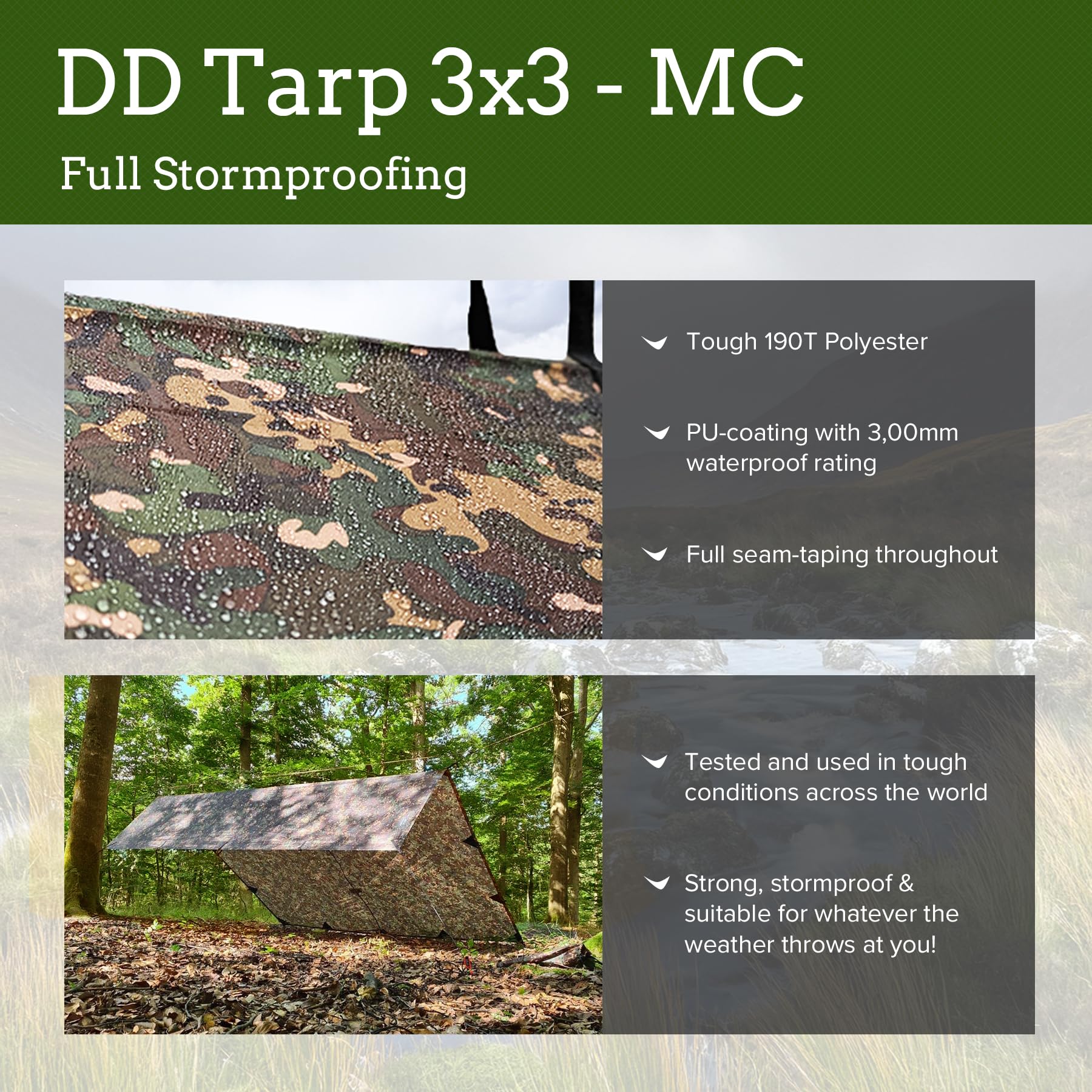 Dd Hammocks - Dd Tarp 3X3 - Mc (10Ft X 10Ft) - 100% Waterproof - Lightweight & Multifunctional Camo Rainfly Tarp Tent Shelter Fo