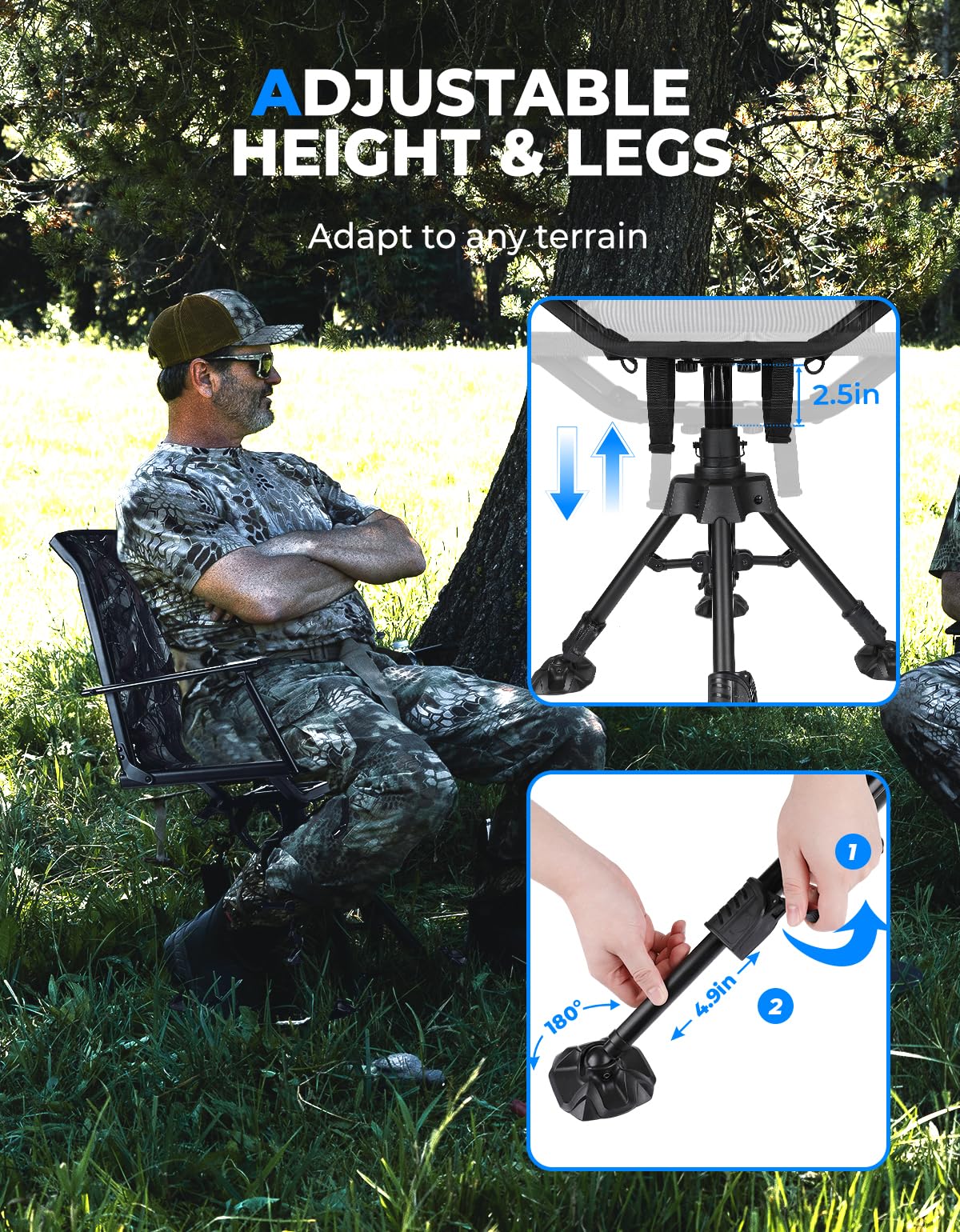 Kemimoto 360 Degree Silent Swivel Blind Hunting Chair, 320 Lbs Camo Height Adjustable Quick Folding Portable Comfortable Hunting