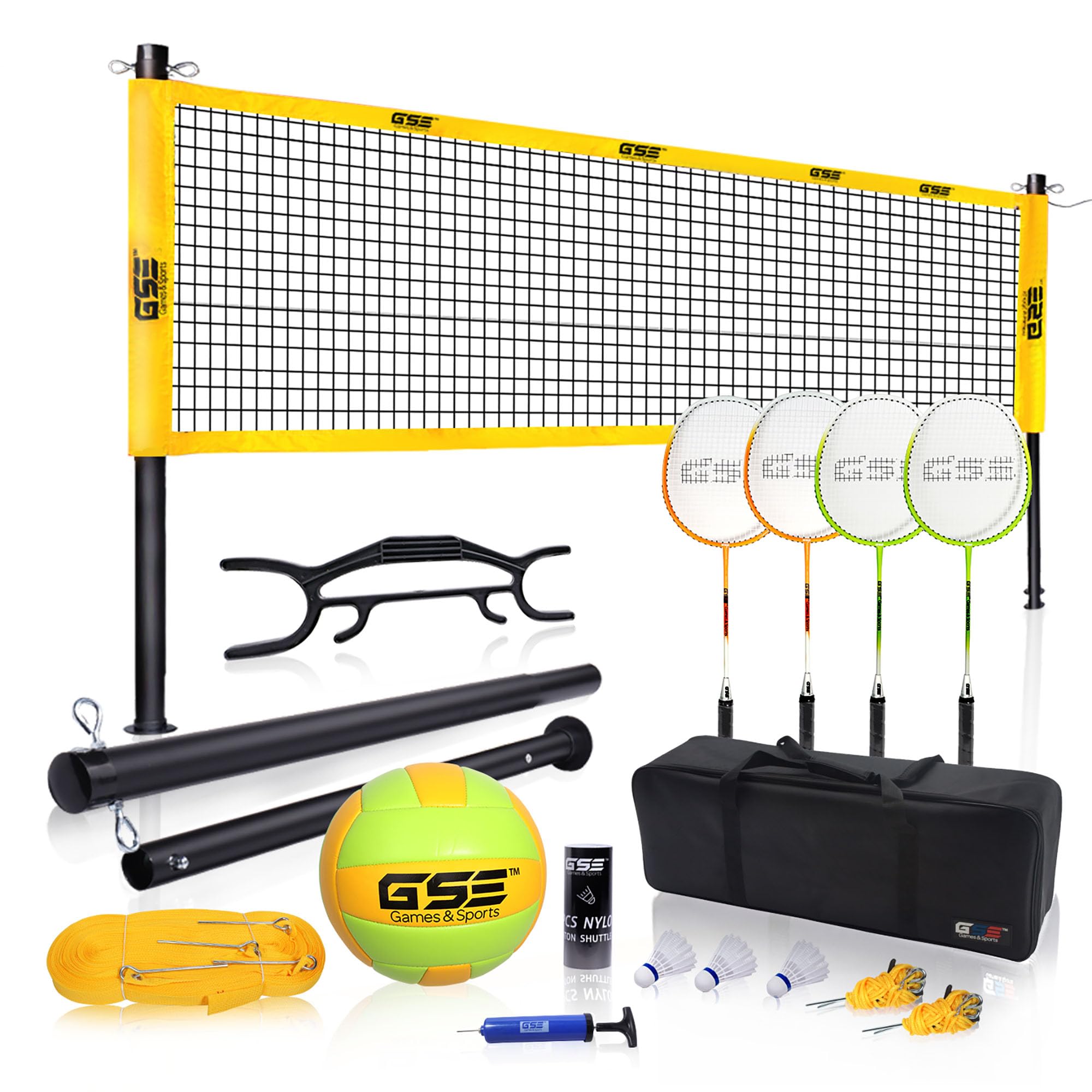 GSE Games & Sports Expert Professional Volleyball & Badminton Combo Set with Net System, 4 Badminton Rackets, 3 Birdies, Volleyb