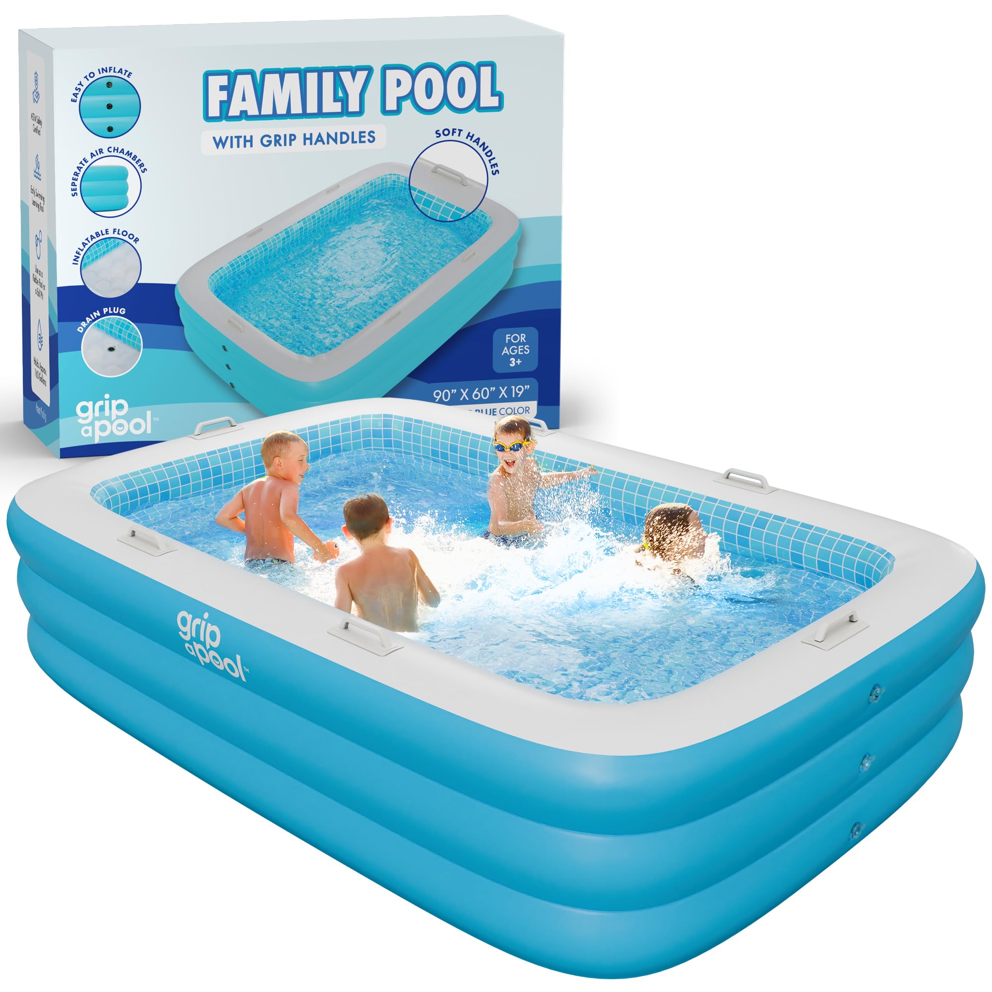 Inflatable Swimming Pool For Kids With Comfortable Padded Soft Floor, Convenient Handles, And Drain - 90''X60''X19'' (7.5'X5') -