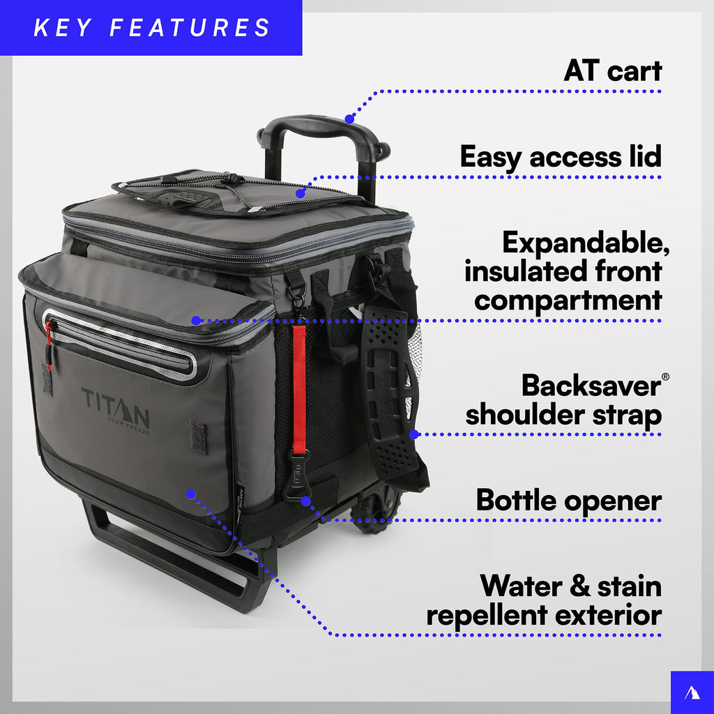 Titan by Arctic Zone Deep Freeze 60 (50+10) Can Wheeled Cooler - Collapsible Rolling Cooler with Wheels and All-Terrain Cart, Sh