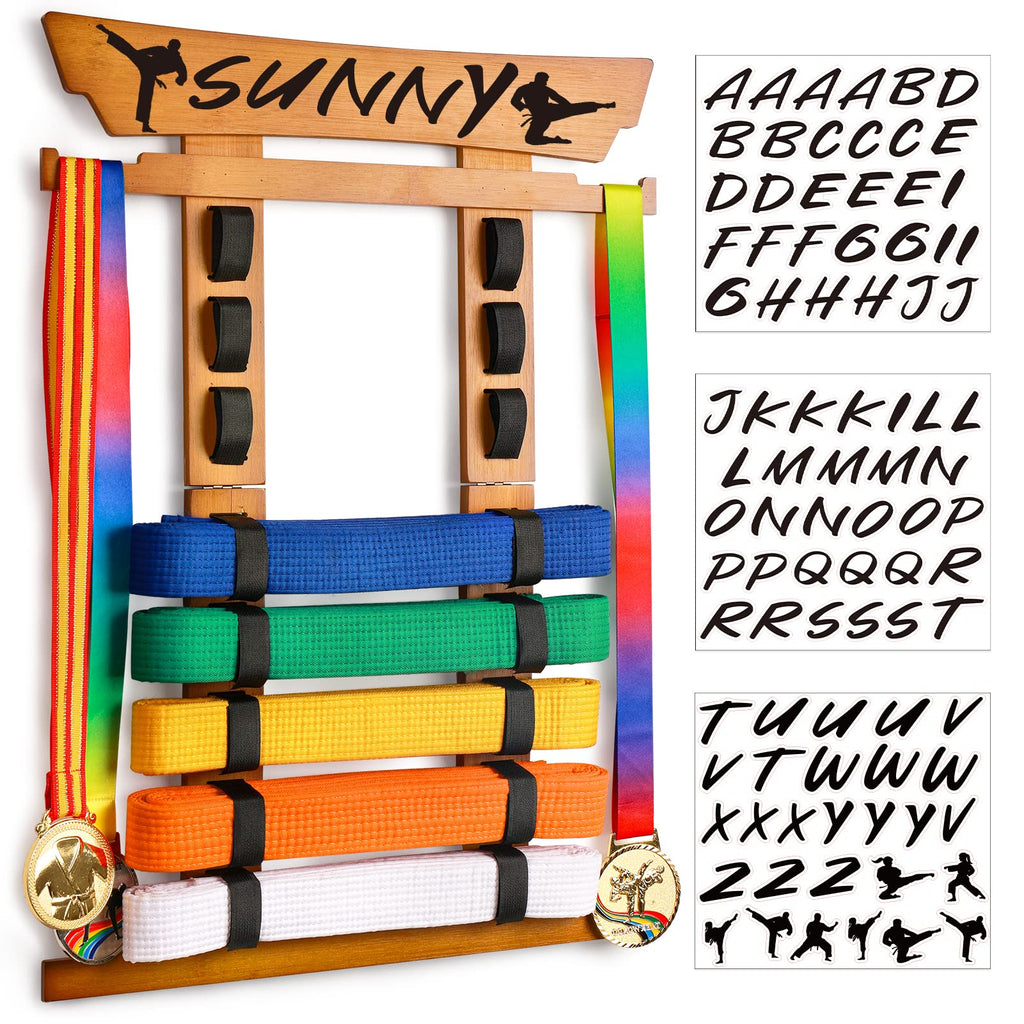 Tilhumt Karate Belt Display Rack Holder, Bamboo Taekwondo Belt Display With Stickers, Martial Arts Belt Display For 8 Belts With