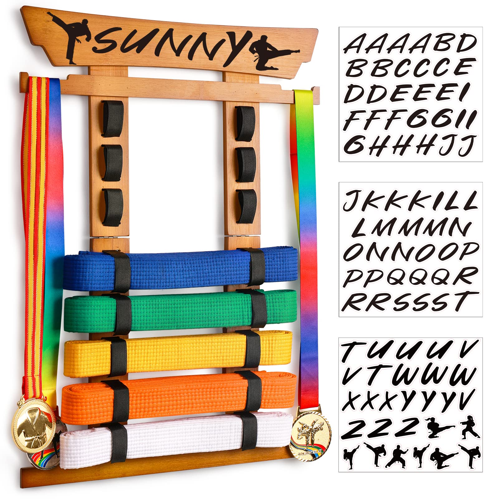 Tilhumt Karate Belt Display Rack Holder, Bamboo Taekwondo Belt Display With Stickers, Martial Arts Belt Display For 8 Belts With
