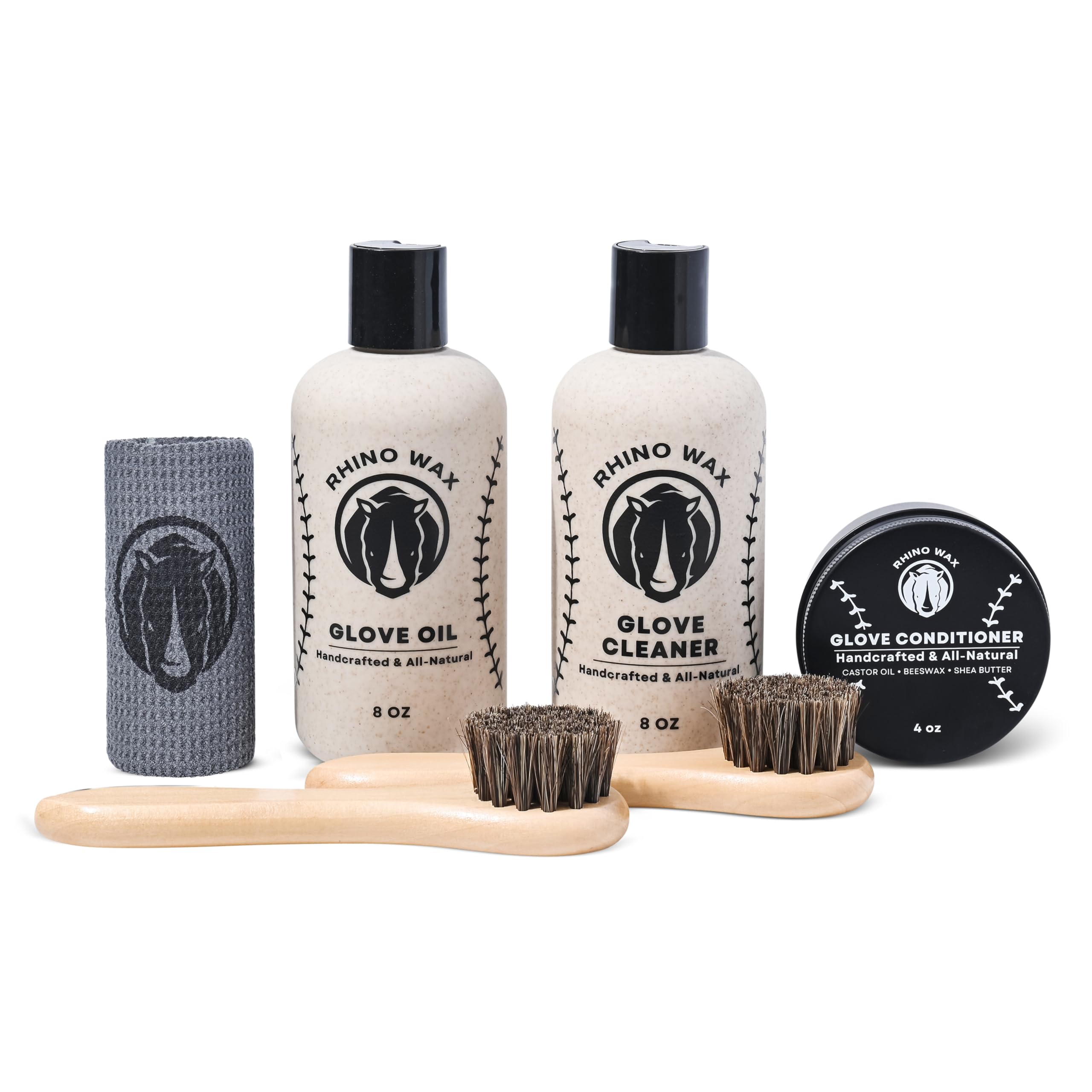 Rhino Wax - Baseball Glove Conditioner Complete Maintenance Kit - Includes: Base Ball Gloves Cleaner (8 oz), Mitt Oil (8 oz), Co