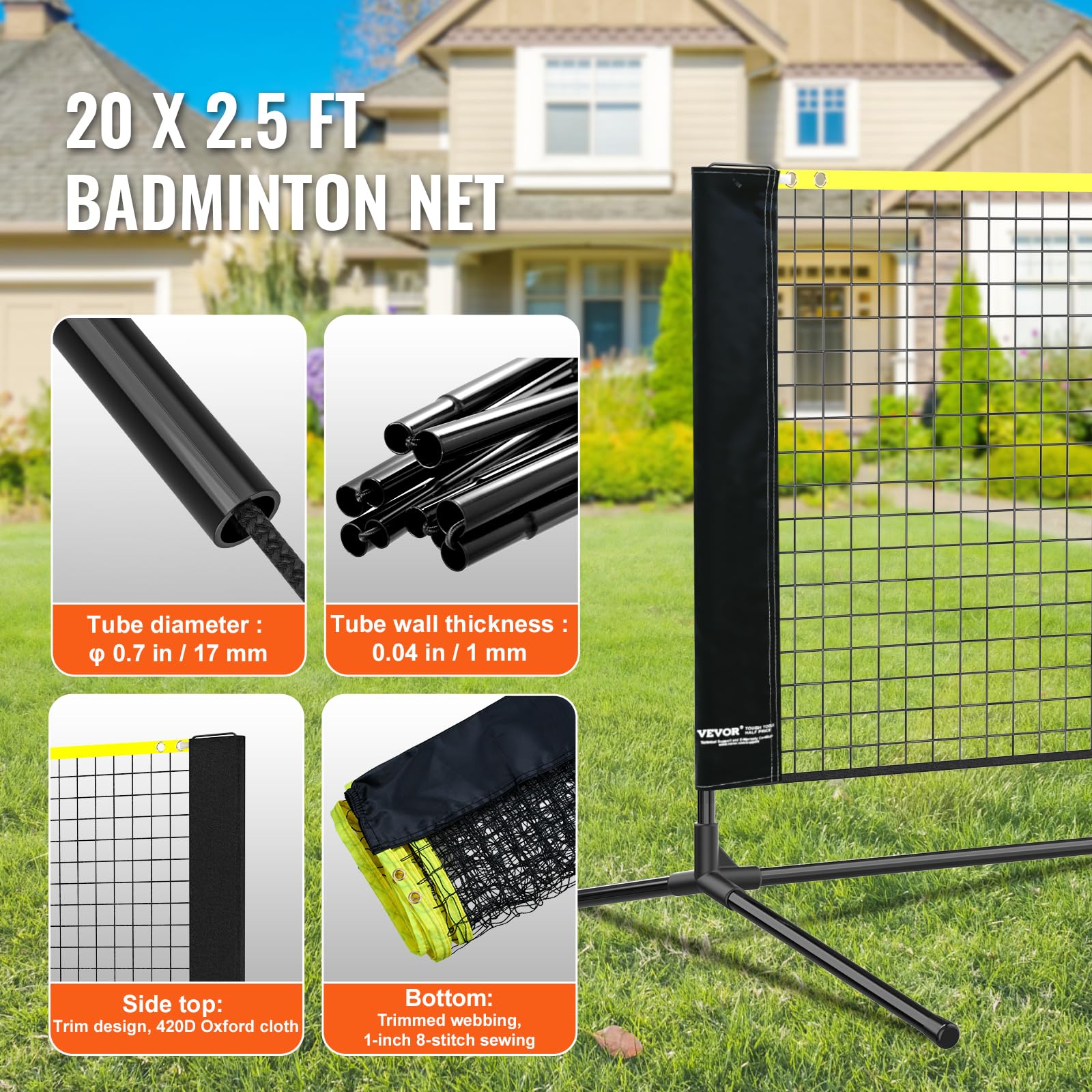 Vevor Badminton Net, 20Ft Wide Foldable Pickleball Set With Stand, Bag, Rackets, Nylon Shuttlecocks For Kid Backyard Indoor Outd