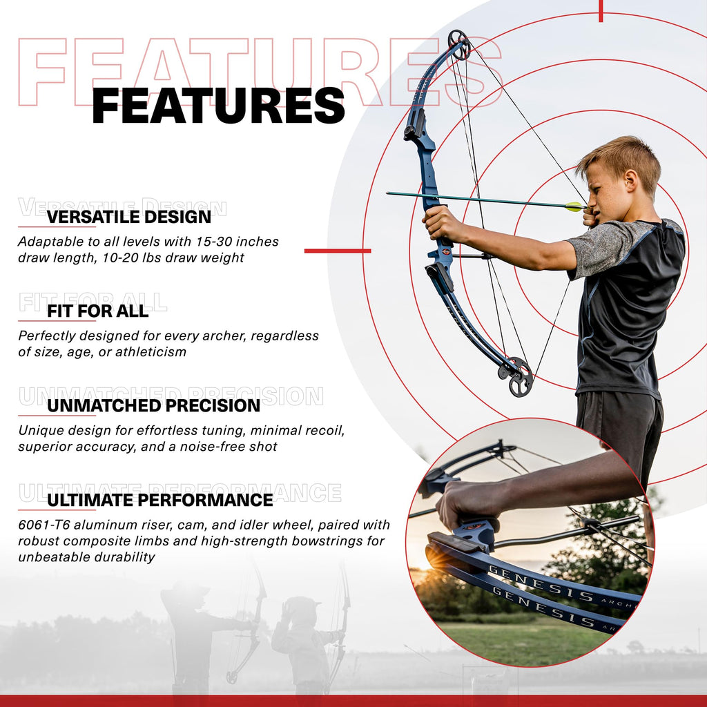 Genesis Archery Compound Bow, W/ Adjustable Riser, Original, Draw Hand - Right, Blue