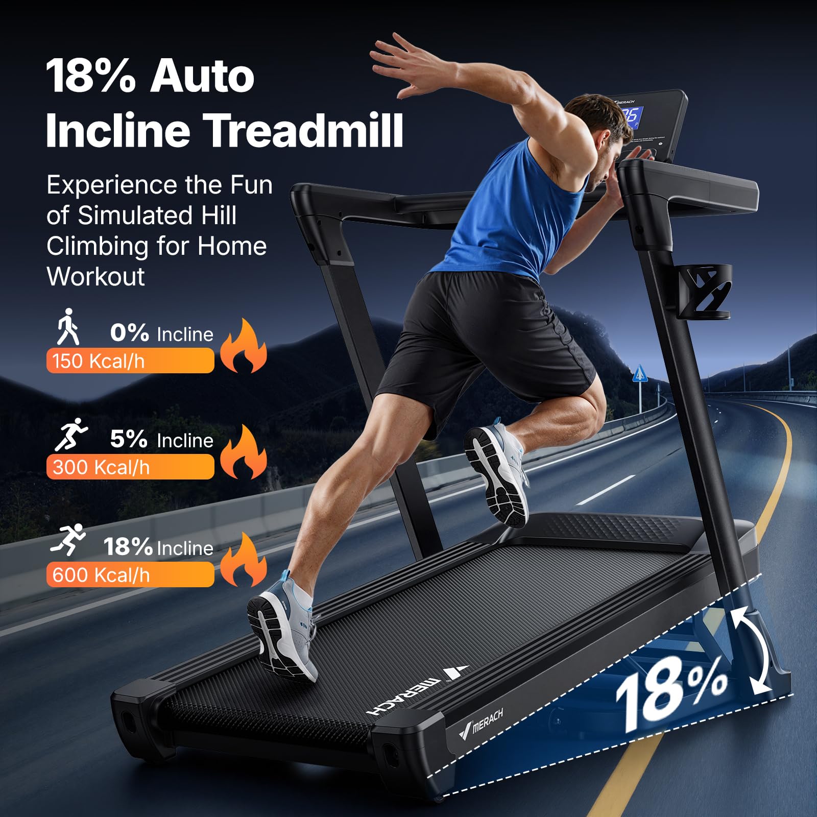 MERACH Treadmill with 18% Auto Incline, 47x18 Wide Belt Treadmills, 0.5-8.7MPH 3.5HP Brushless Incline Treadmill for Home, 350LB