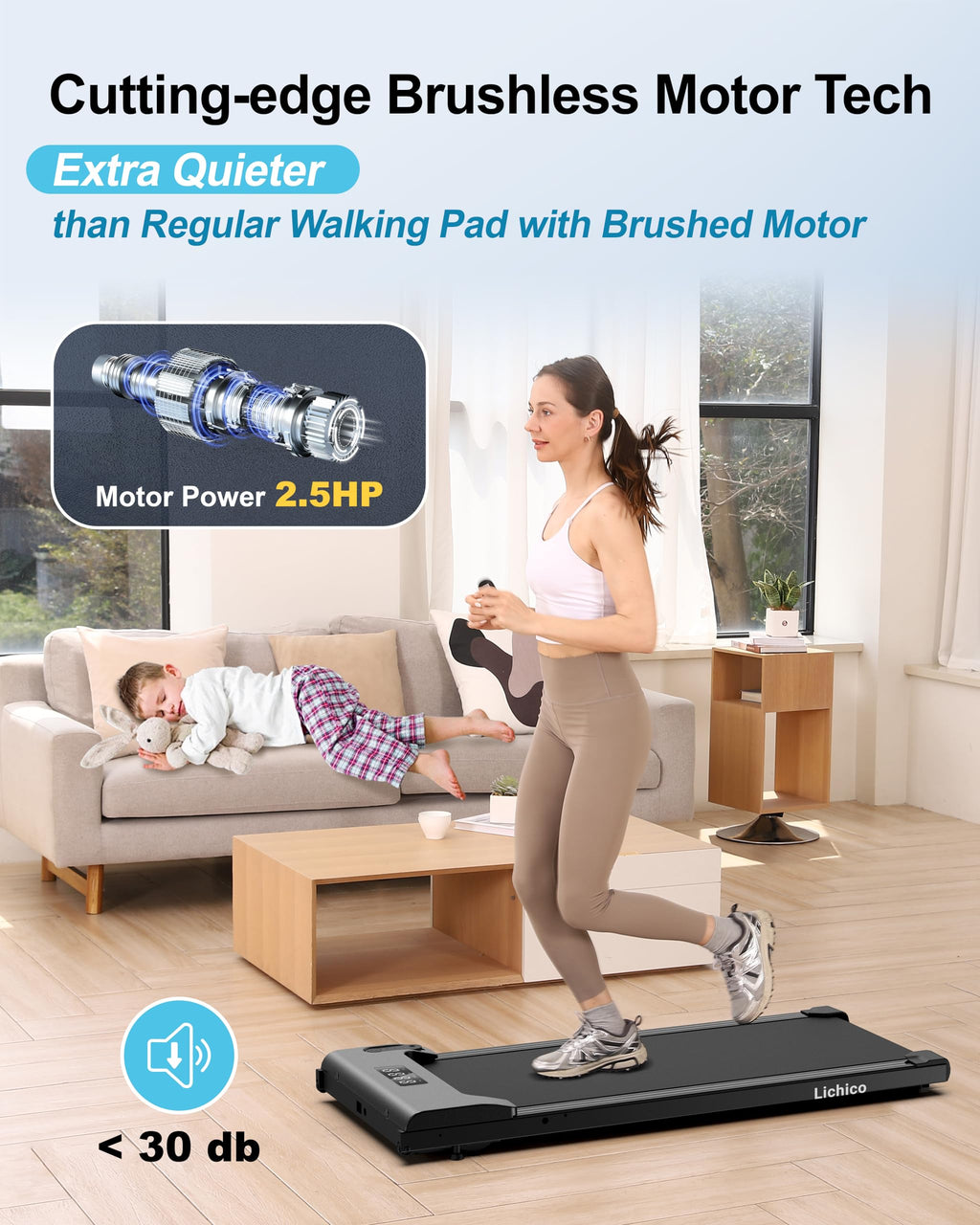 Lichico Walking Pad Under Desk Treadmill, Portable Small Treadmills For Home And Office, 2.5Hp Super Quiet Brushless Motorized W