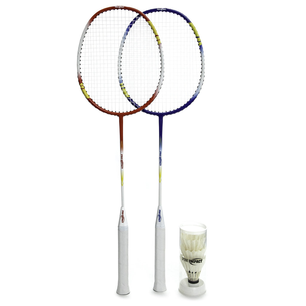 Pro Impact Badminton Racket Set - Aluminum Head With Steel Shaft - Includes Lightweight Rackets & Feather Shuttlecocks With Carr