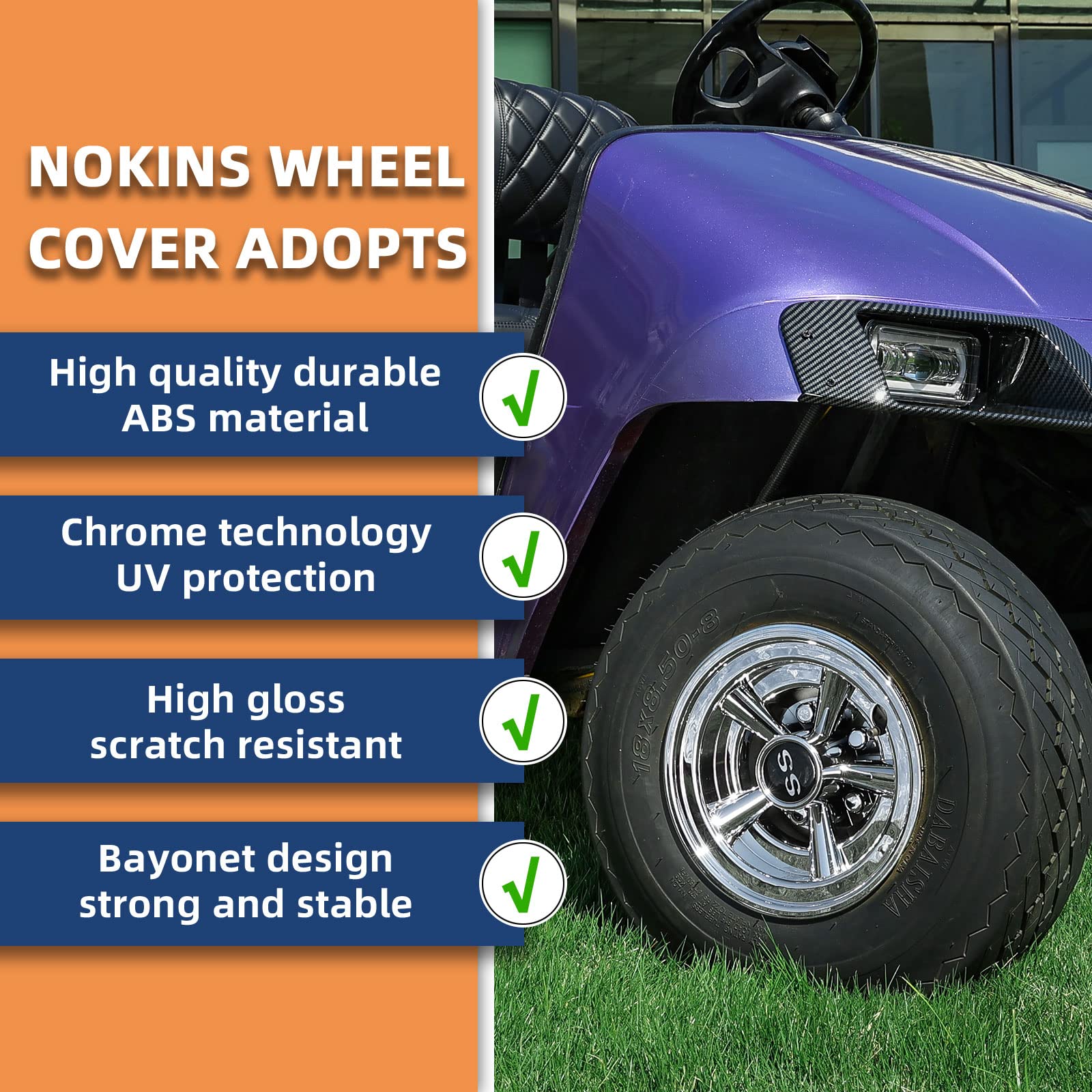 Nokins Golf Cart Hubcaps 8 Inch Set Of 4, Club Car/Ezgo/Yamaha Tires Wheel Covers,Chrome Accessory & Accessories