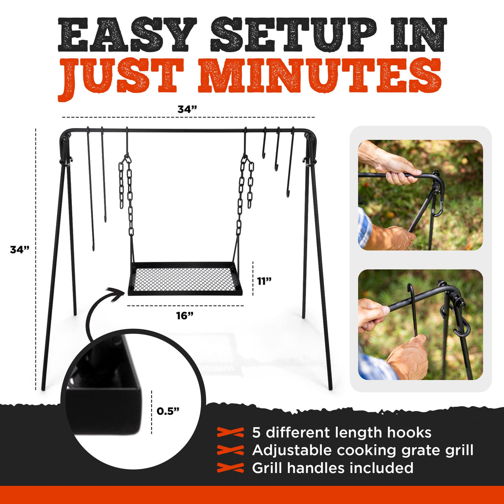 Bruntmor Large Outdoor Campfire Grill Camping Open Fire Cooker Stand Swing Away Hanging Grill Equipment For Fire Pit Stand Campf