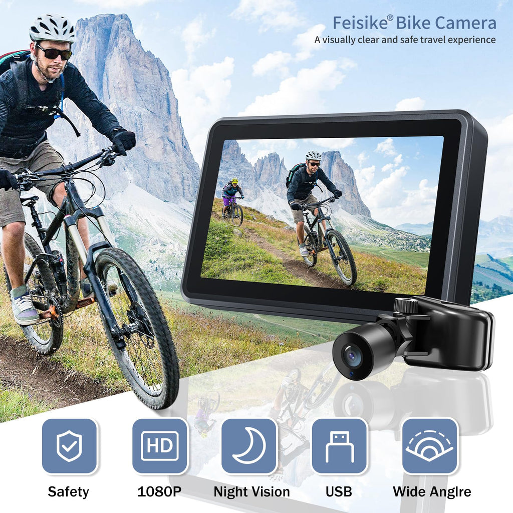 Feisike Handlebar Bike Mirror, Bicycle Rear View Camera With 4.3'' Hd Night Vision Function, 145    Wide Angle View, Adjustable