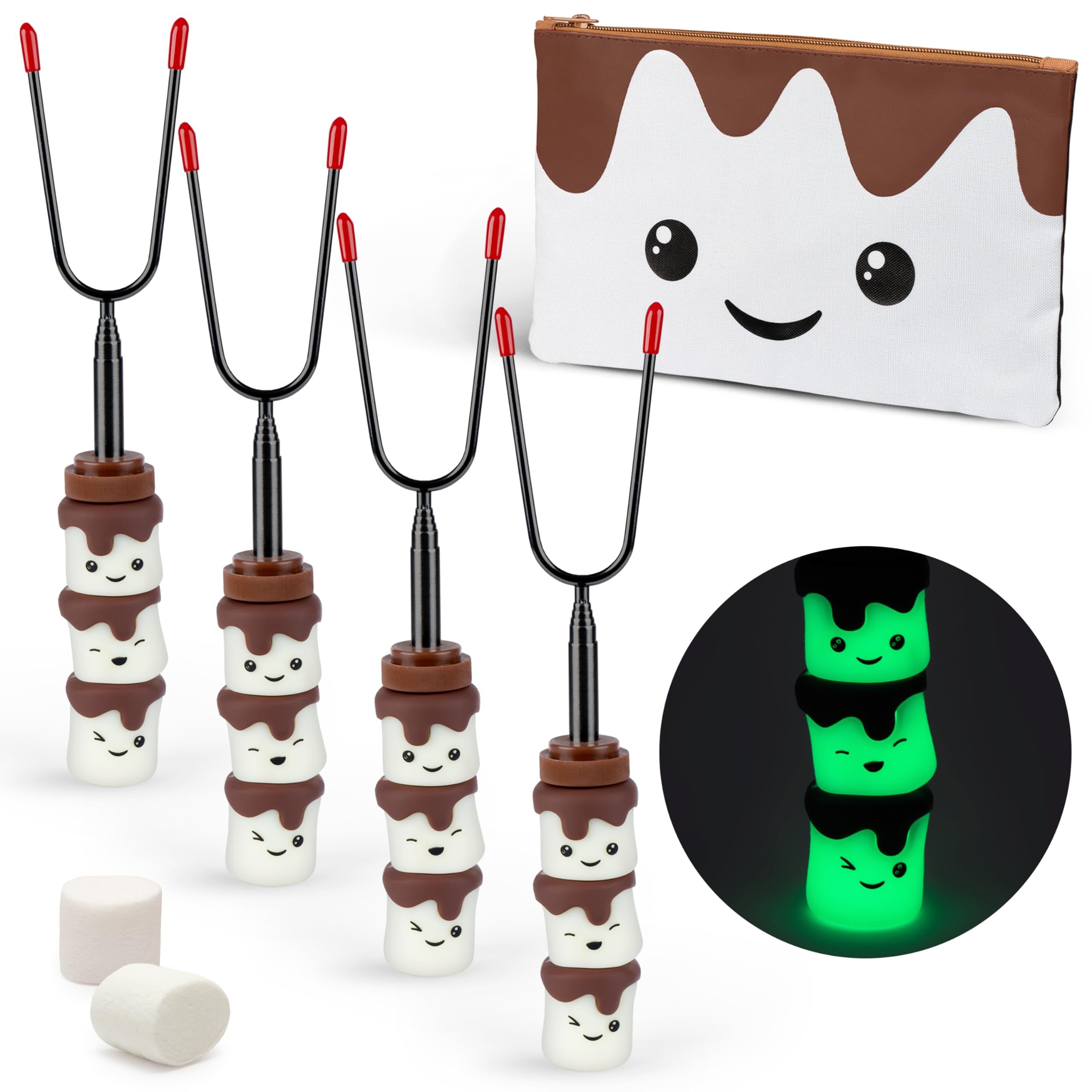 THE SMORES COMPANY - Glow in the Dark Marshmallow Roasting Sticks - Set of 4 Rotating Smores Sticks - Telescoping Extra Long Ma