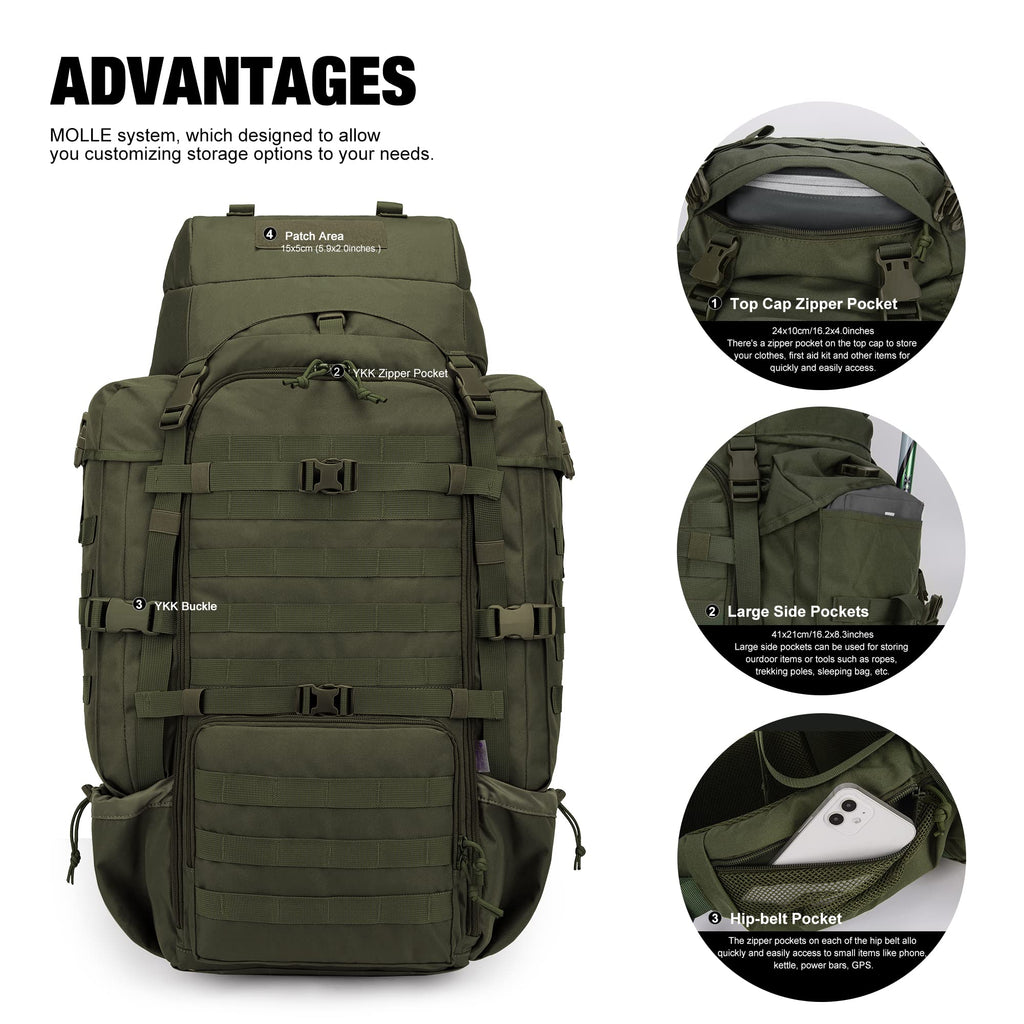 Mardingtop 70L Hiking Internal Frame Backpacks With Rain Cover Army Green