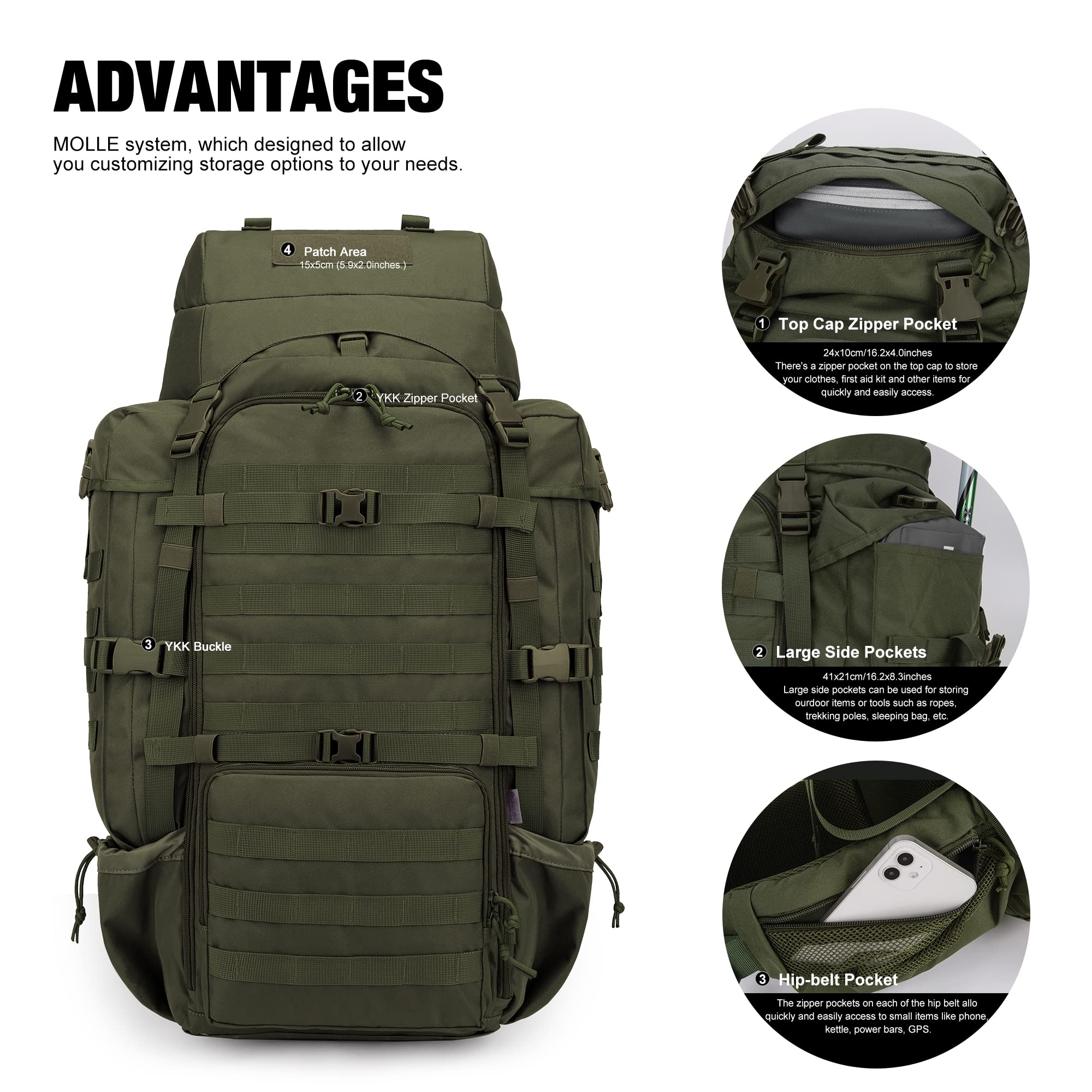 Mardingtop 70L Hiking Internal Frame Backpacks With Rain Cover Army Green