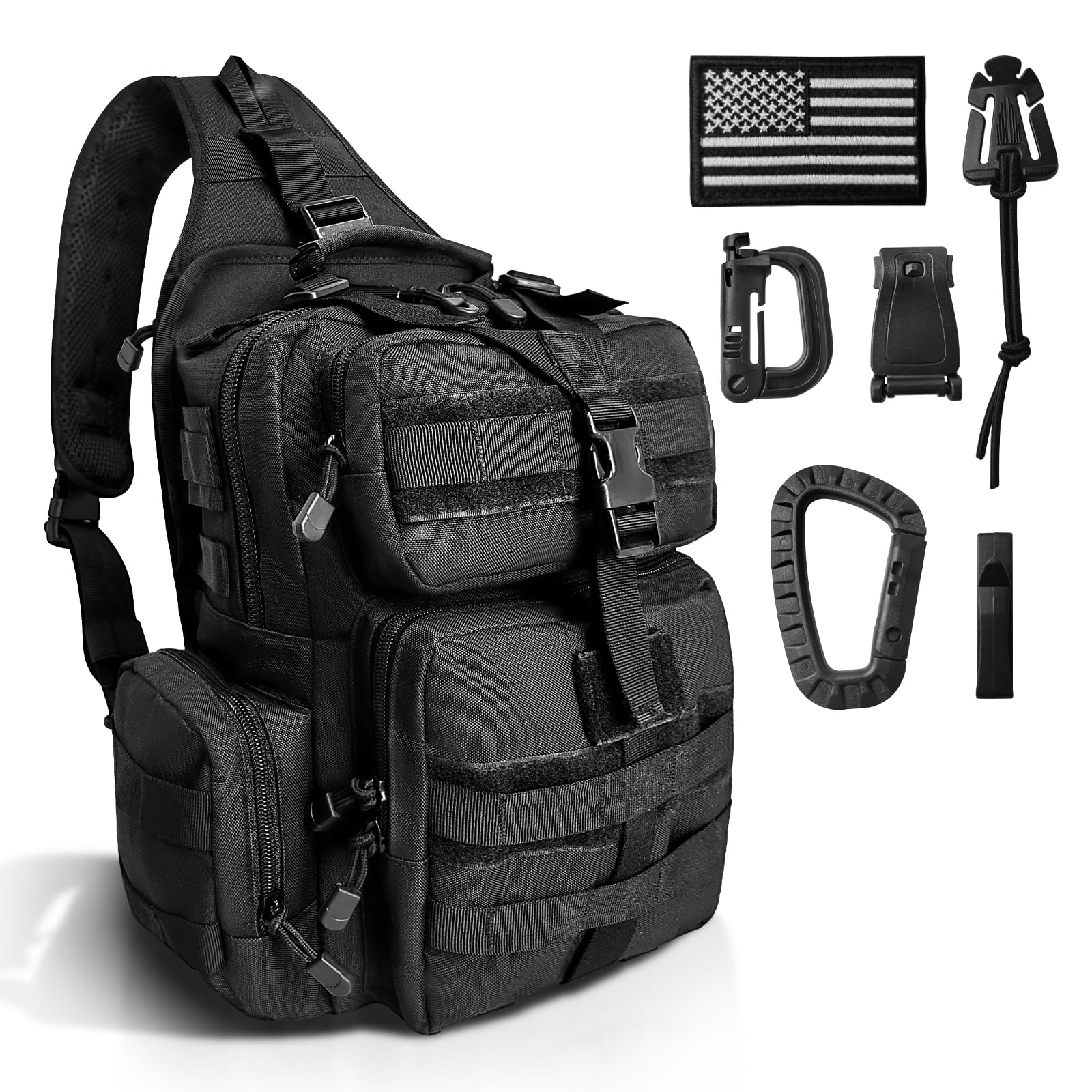 Alovd Molle Assault Shoulder Bag, Military Crossbody Sling Backpack For Men, Outdoor Hiking Camping Rucksack Sling BagBlack