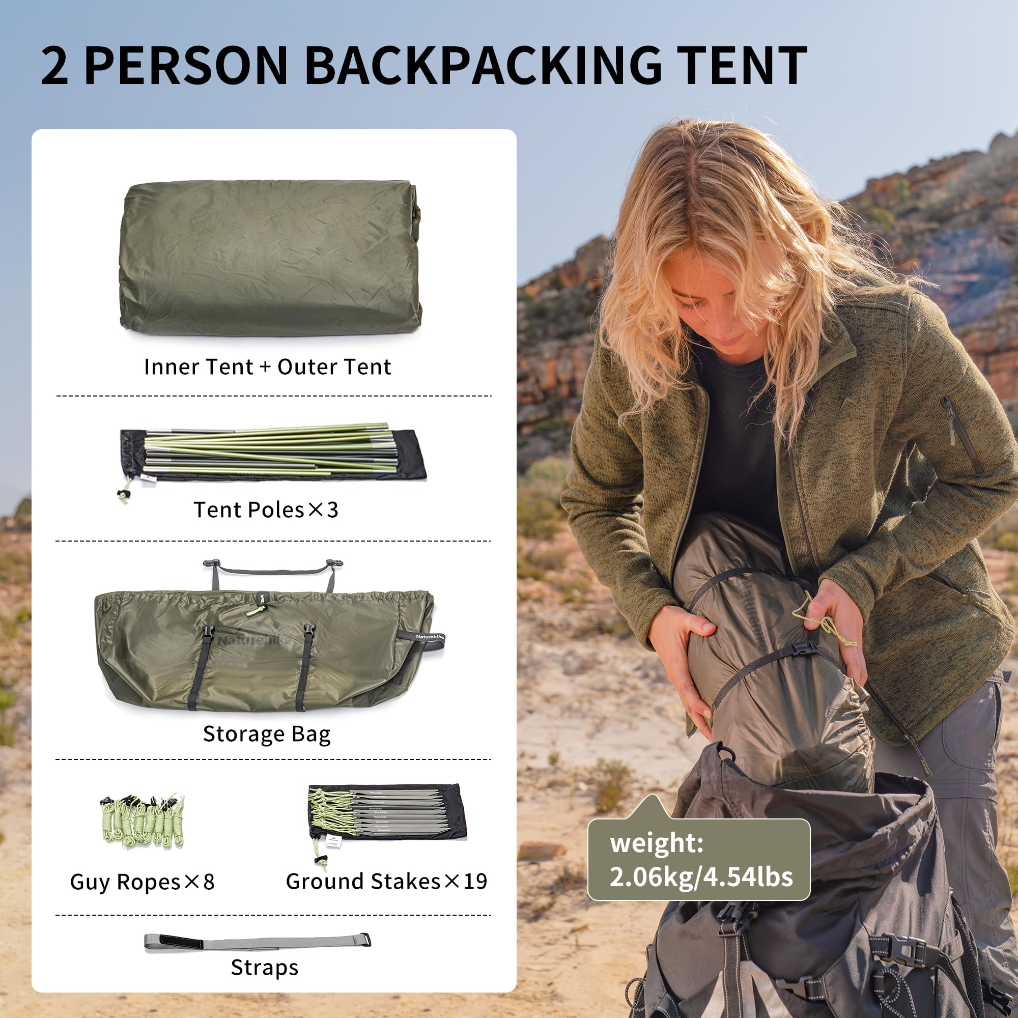Naturehike Opalus Tunnel Tent With Vestibule, Waterproof 2-3 Person Backpacking Tent, Double Layer Tents For Camping